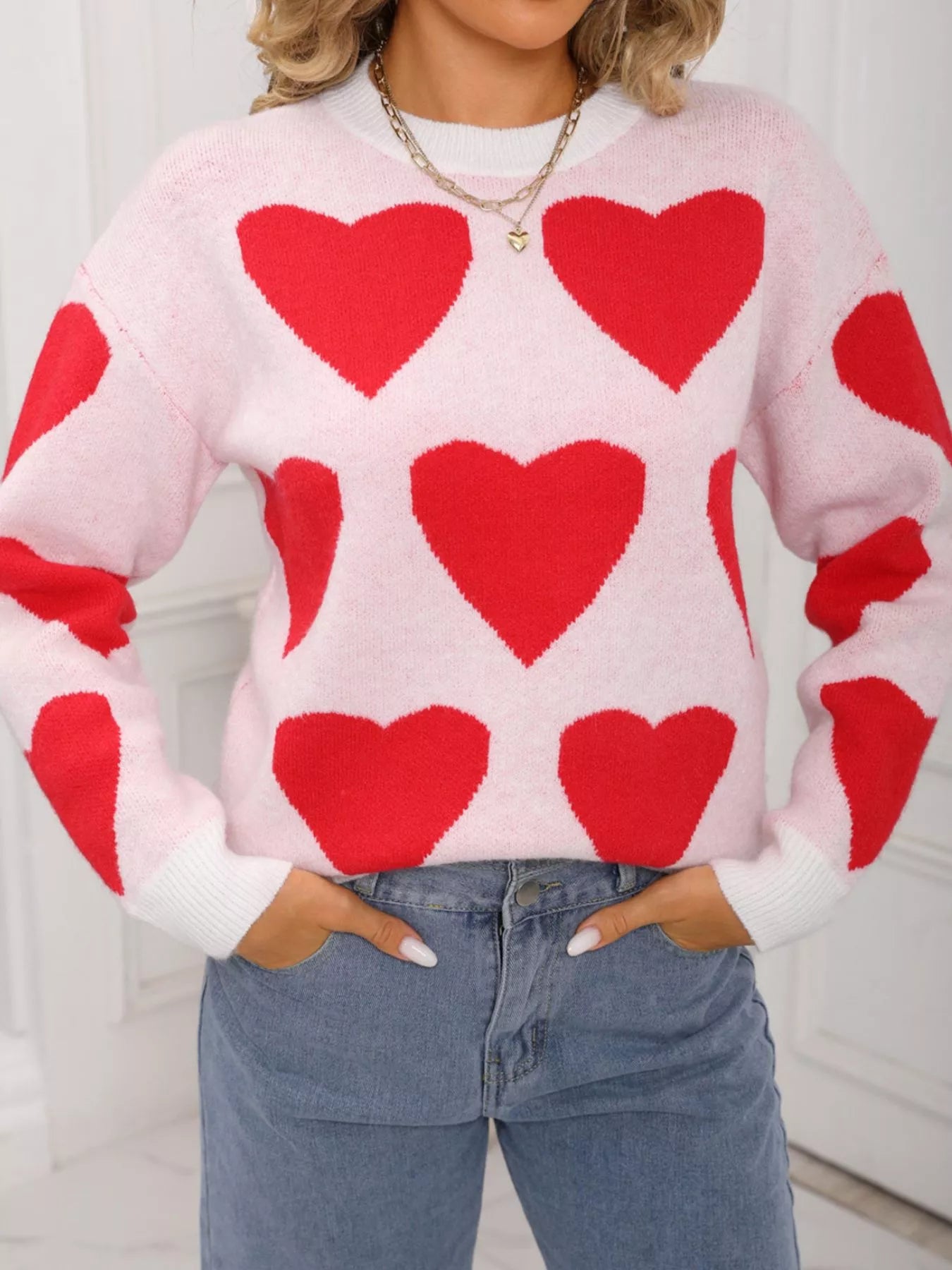 Valentine's Day Heart Round Neck Knitted Sweater