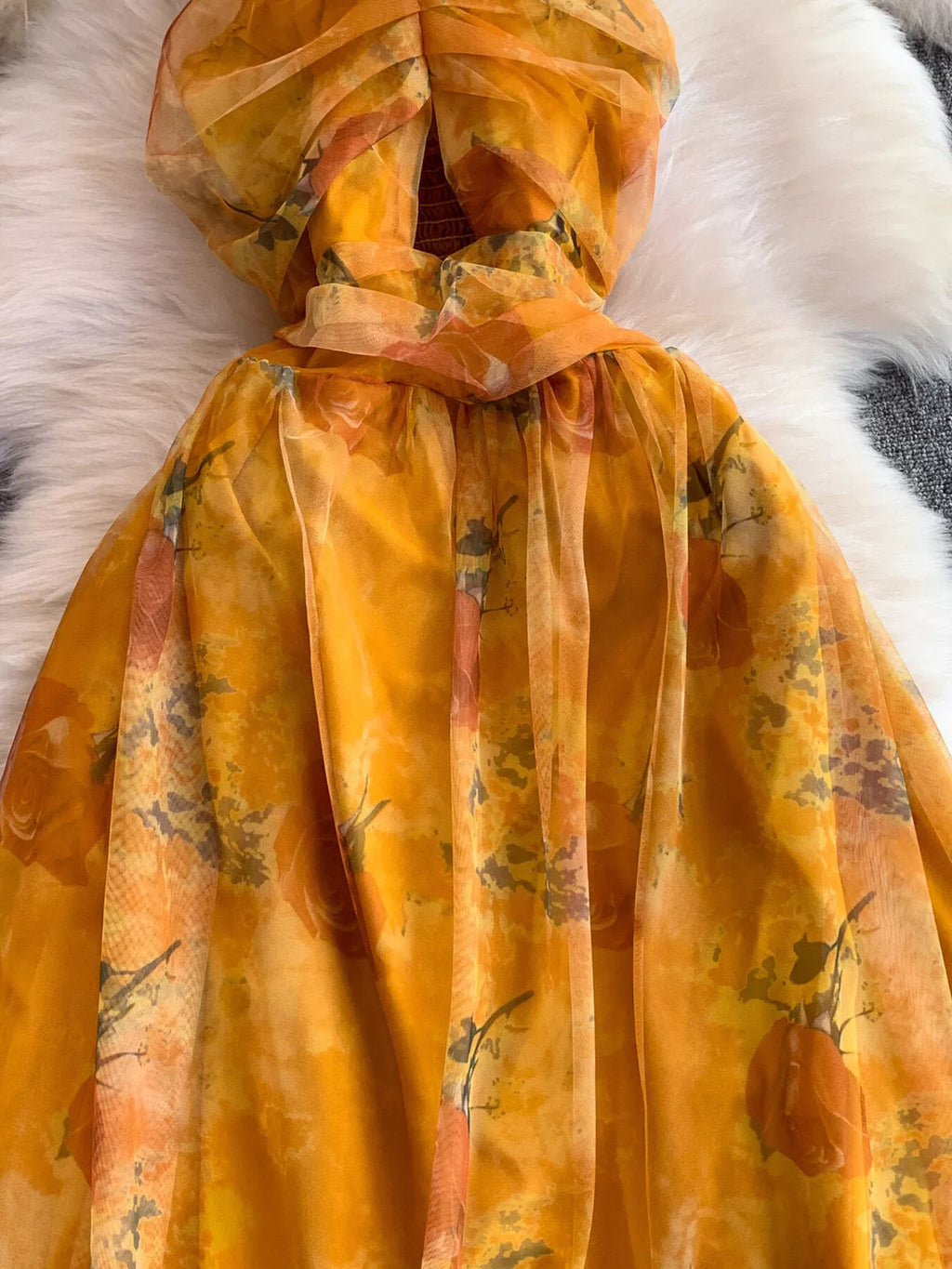 Floral Print Ruffled Layered Mesh Dress