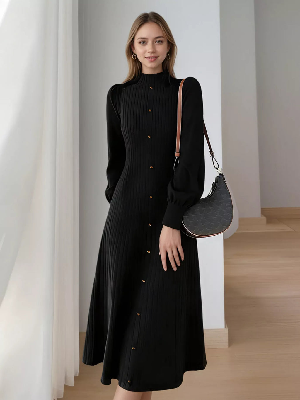 Ribbed Knit Mock Neck Midi Dress