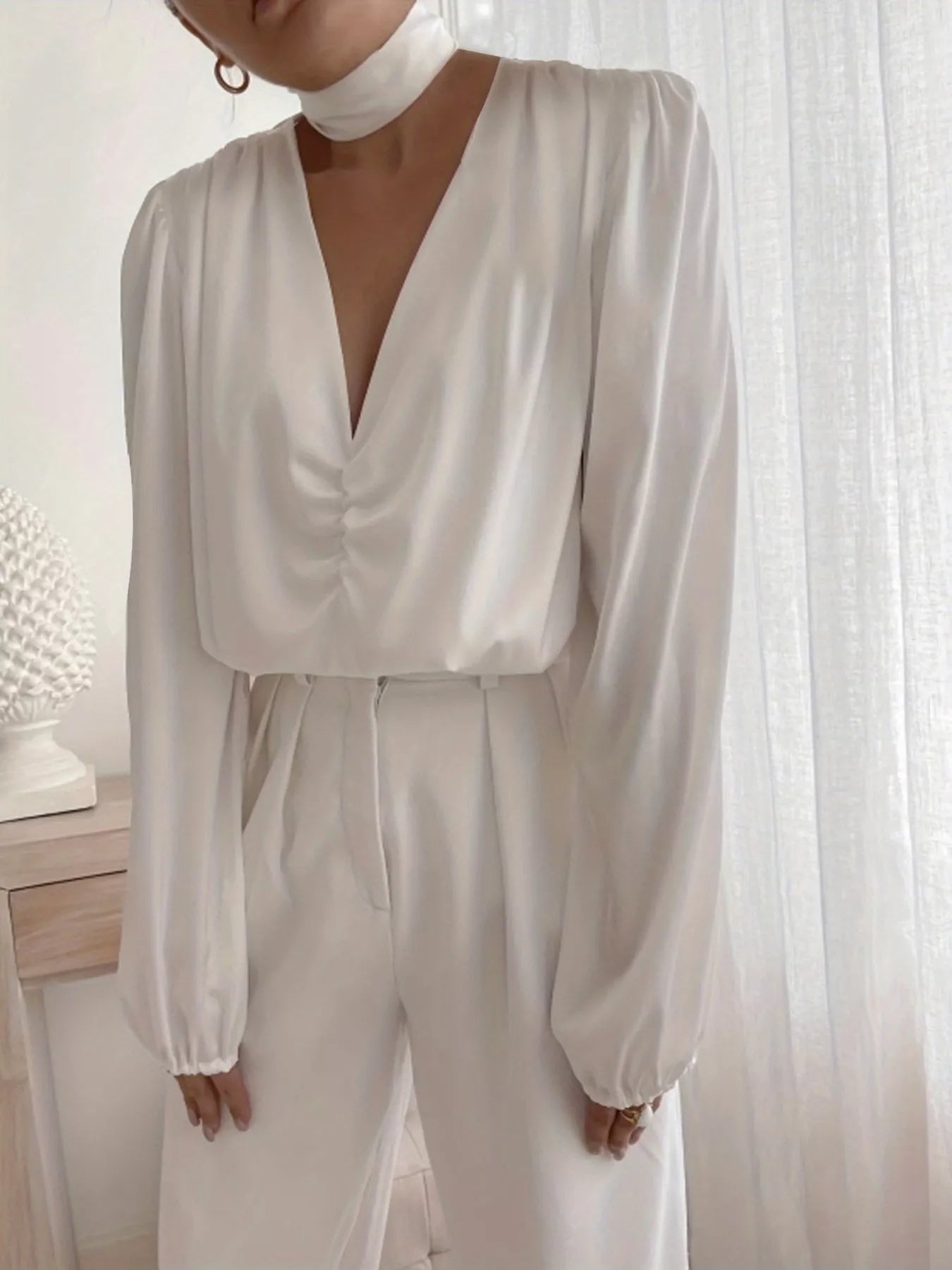 V-Neck Ruched Long Sleeve Blouse