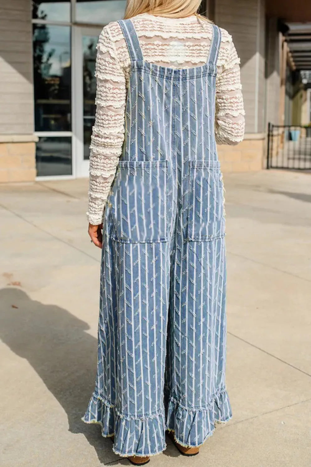 Striped Distressed Ruffled Wide Leg Denim Overalls