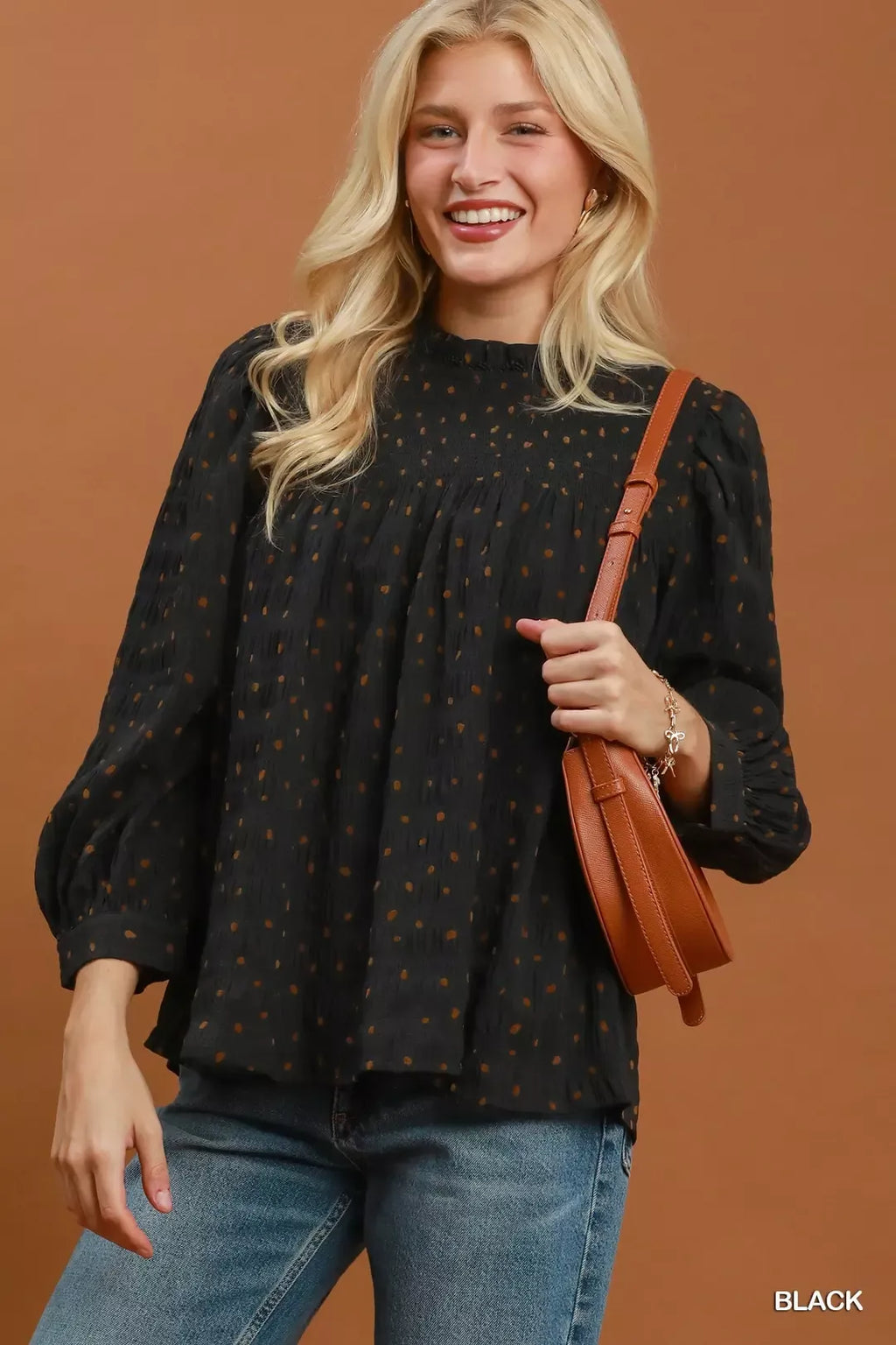 Umgee Polka Dot Smocked Detail Puff Sleeve Blouse