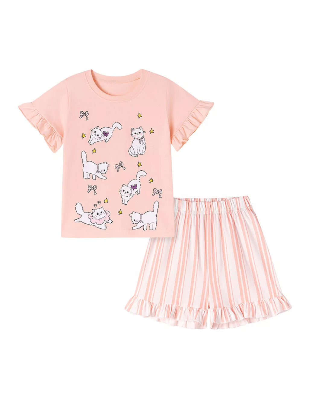 Children's Cat Round Neck Tee and Shorts Set