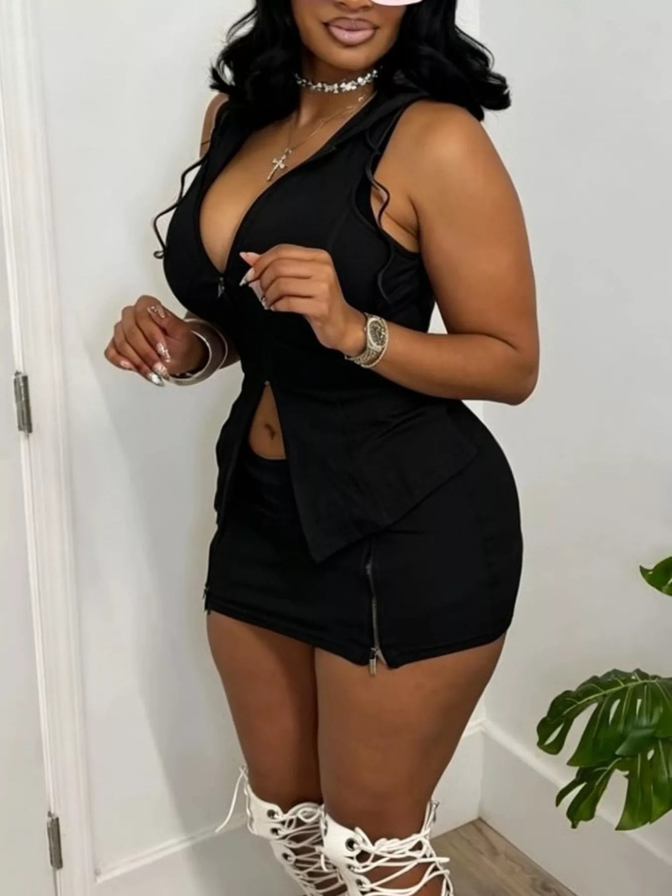 Hooded Zippered Sleeveless Top and Skirt Set