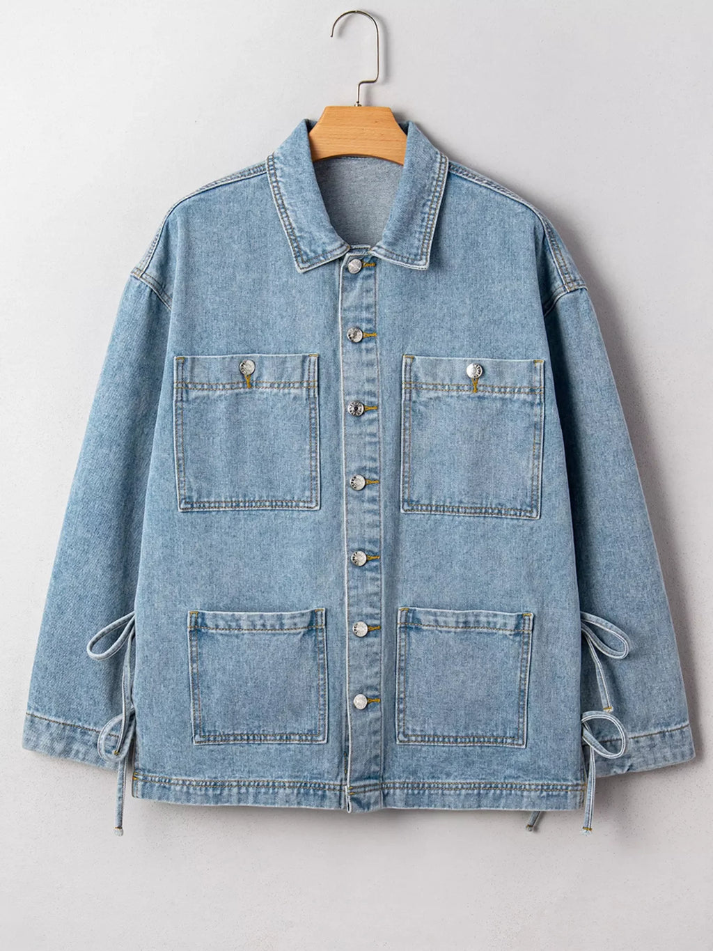 Patched Pockets Side Tie Denim Jacket