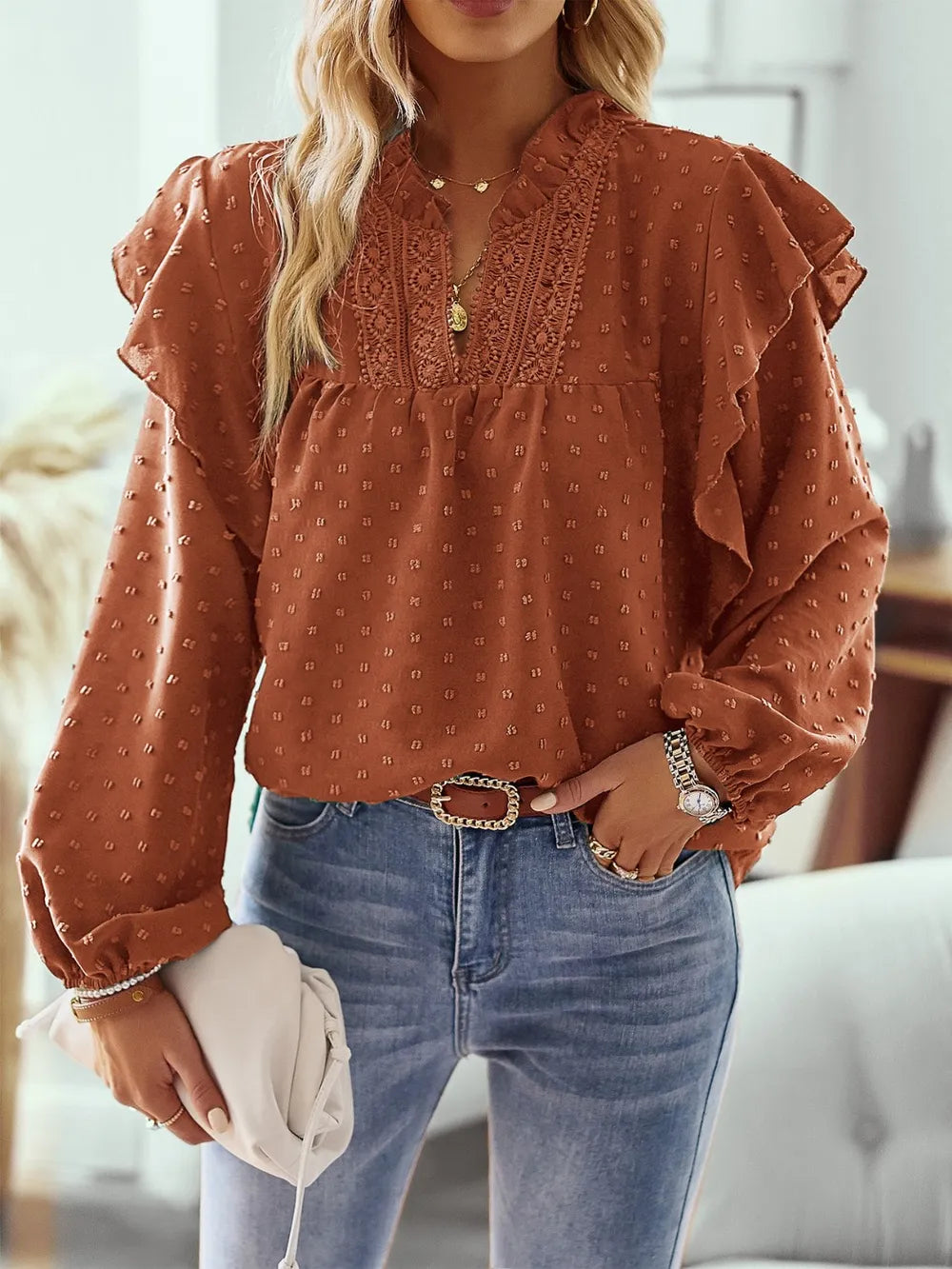 Swiss Dot Ruffled Long Sleeve Blouse