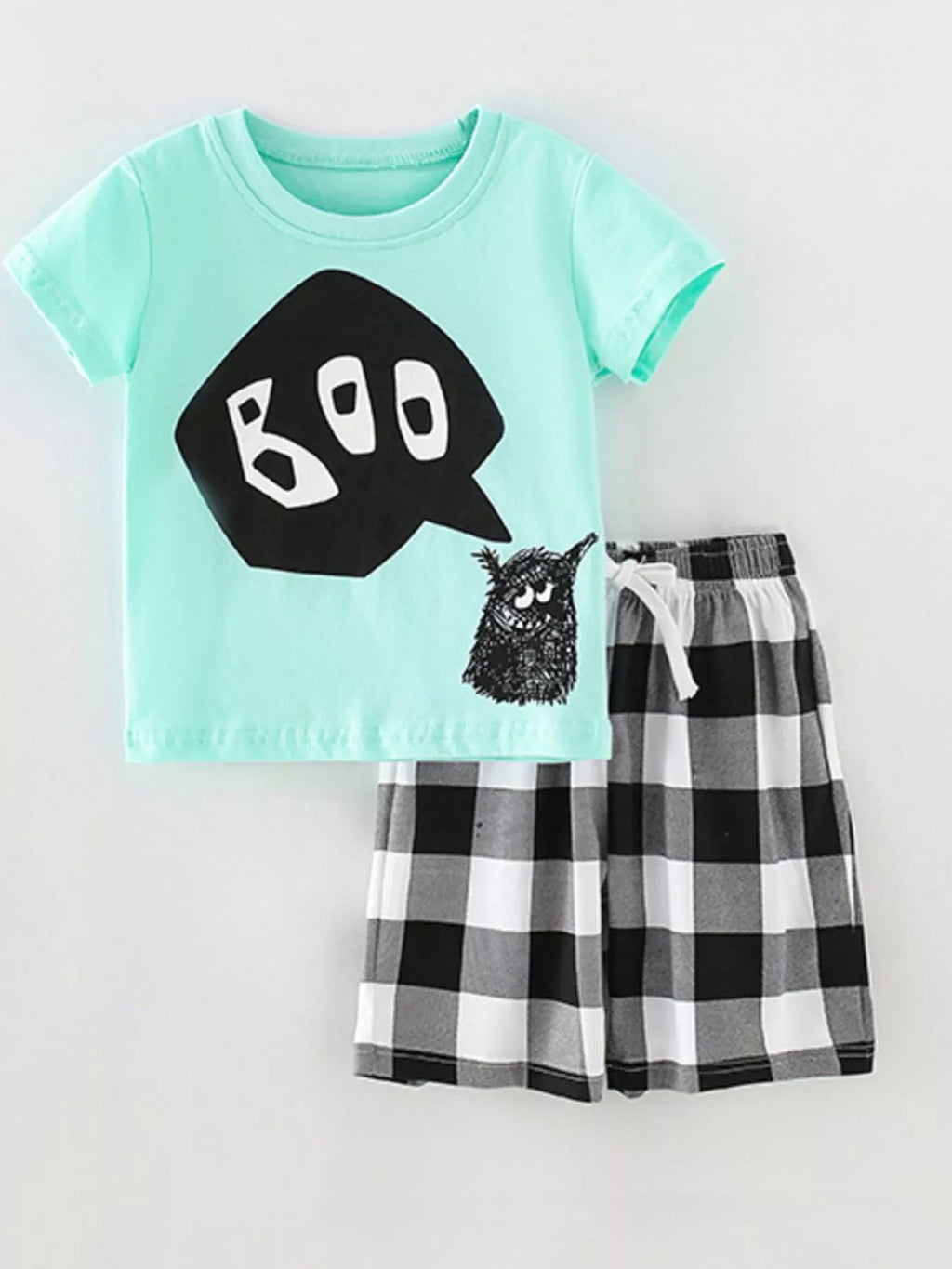Children's BOO Monster Graphic T-shirt and Plaid Shorts Set