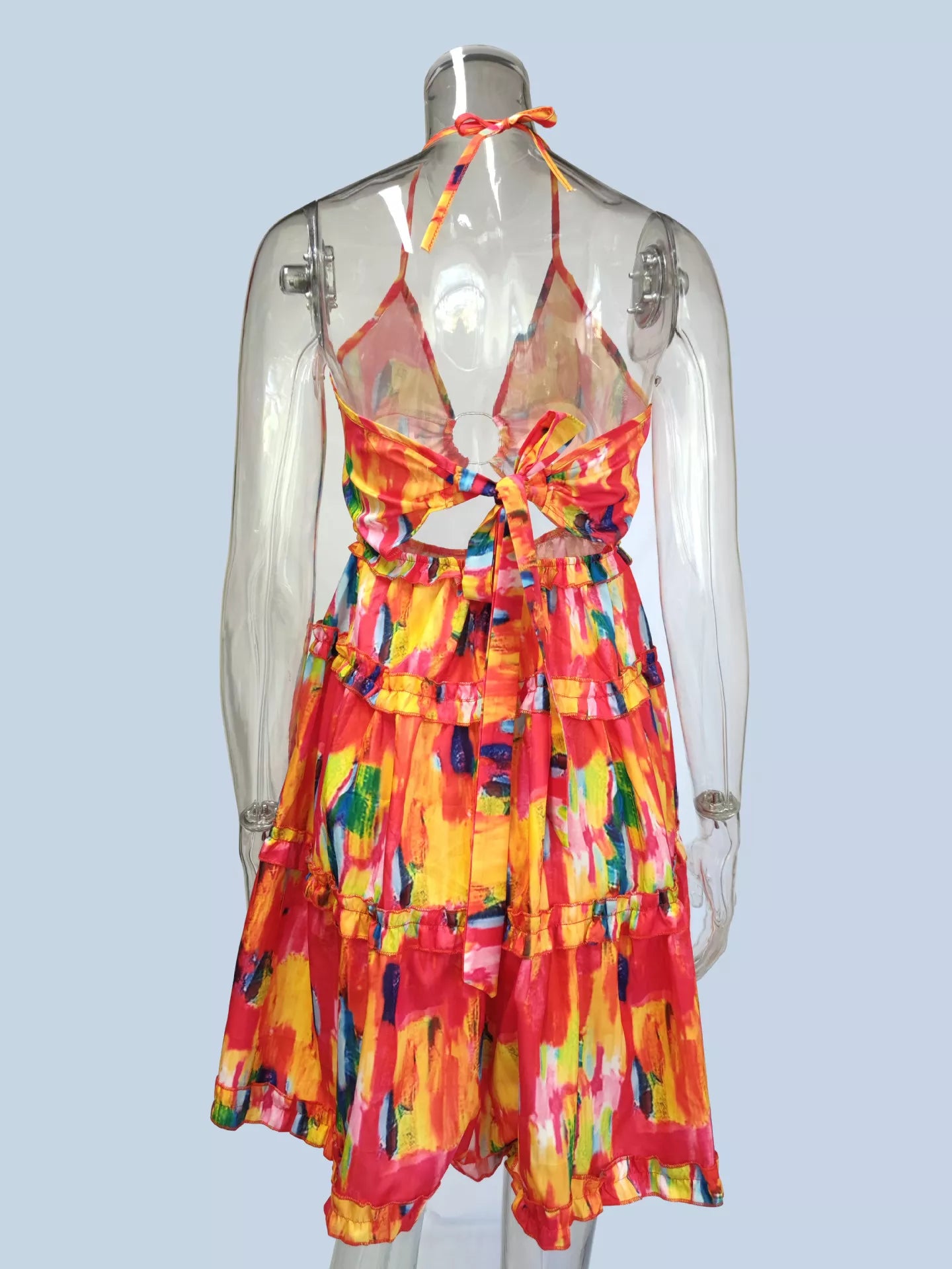 Colorful Print Halter Neck Ruffle Mini Dress