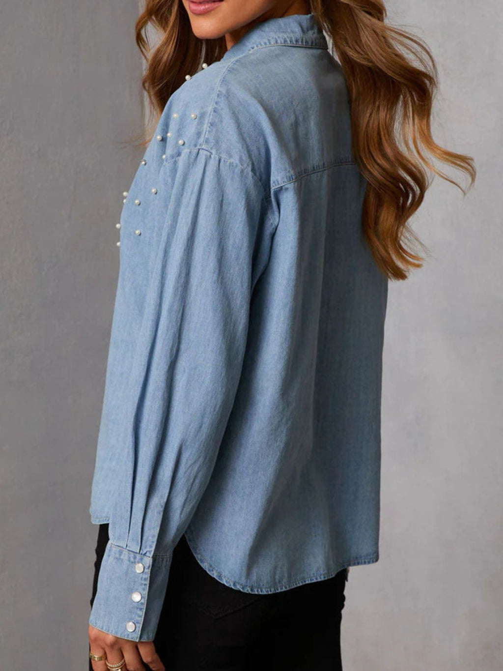 Pearl Embellished Button Up Denim Shirt