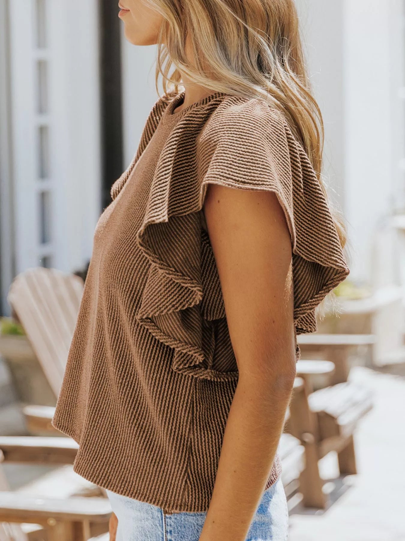 Full Size Ruffled Sleeve Ribbed Knit T-Shirt Plus Size