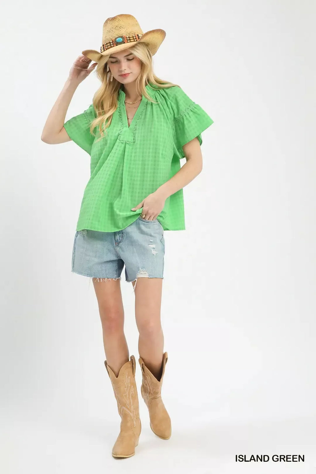 Umgee Gingham Puff Sleeve Top with Lace Trim