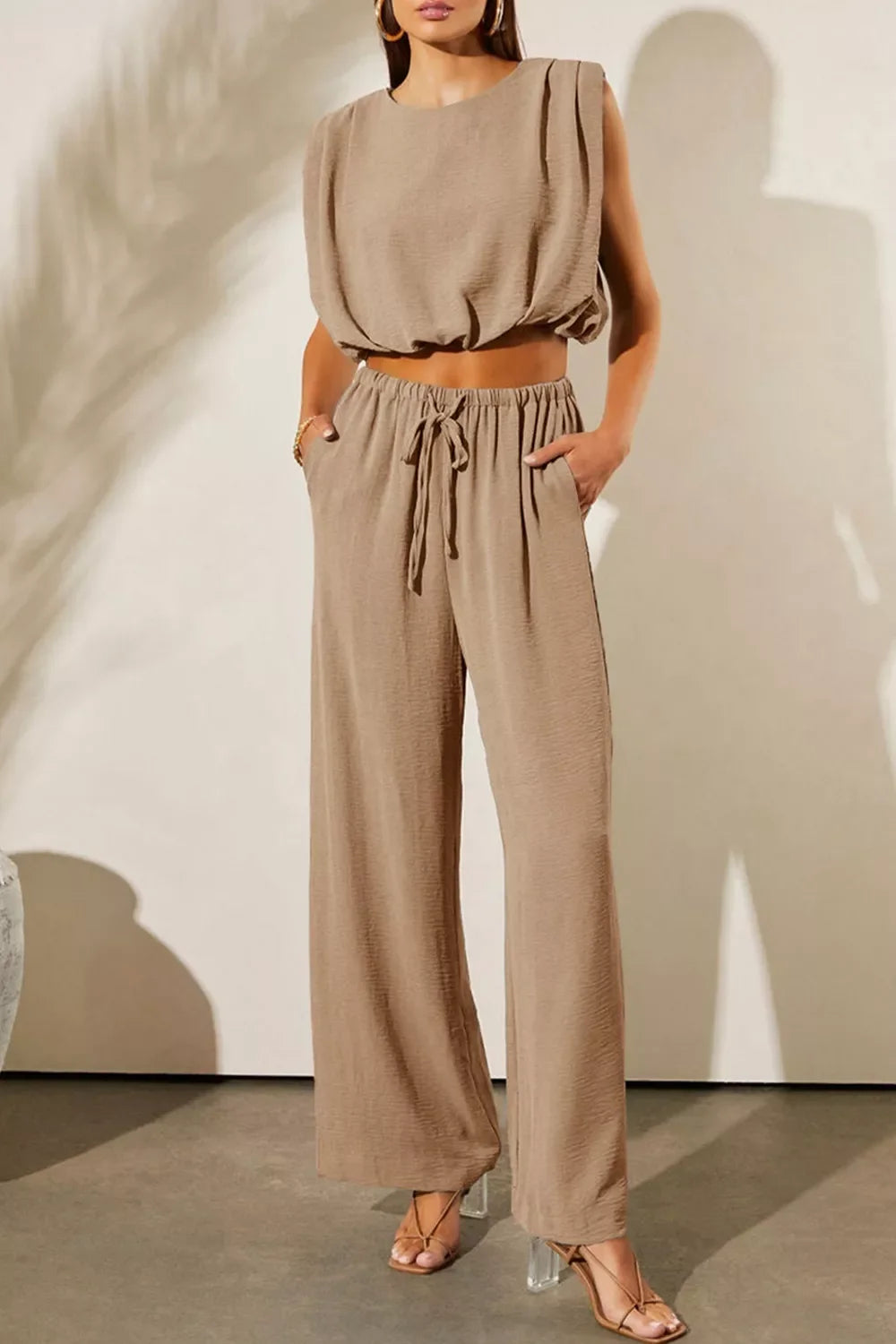 Solid Color Keyhole Puffy Tank Drawstring Loose Pants 2pcs Outfit