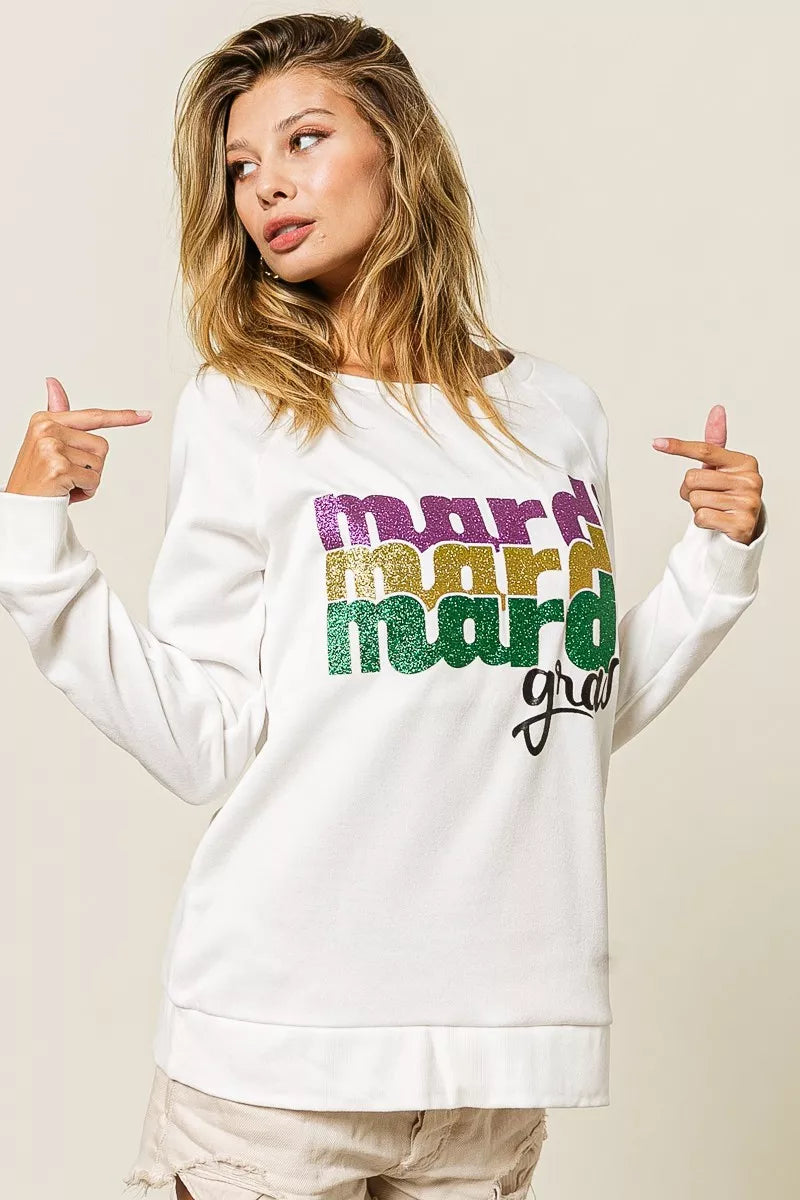 BiBi Mardi Gras Glitter Lettering Sweatshirt