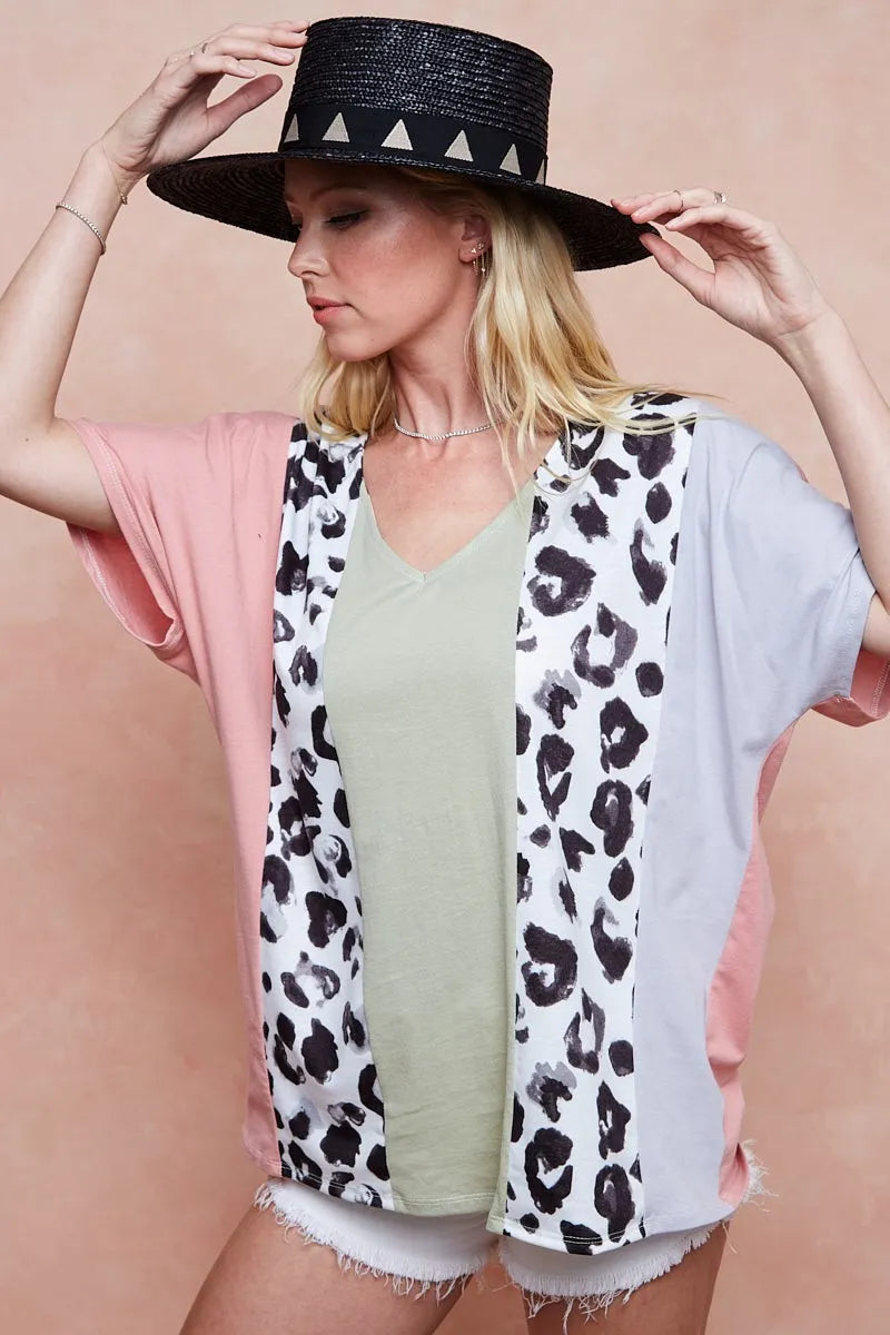 BiBi Cotton Span Knit With Leopard Color Block Top