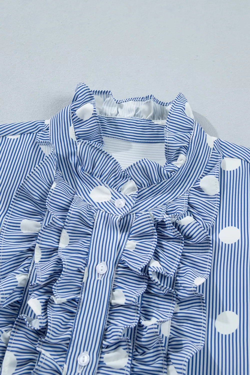 Stripe Contrast Polka Dot Print Pleated Ruffle Sleeve Shirt