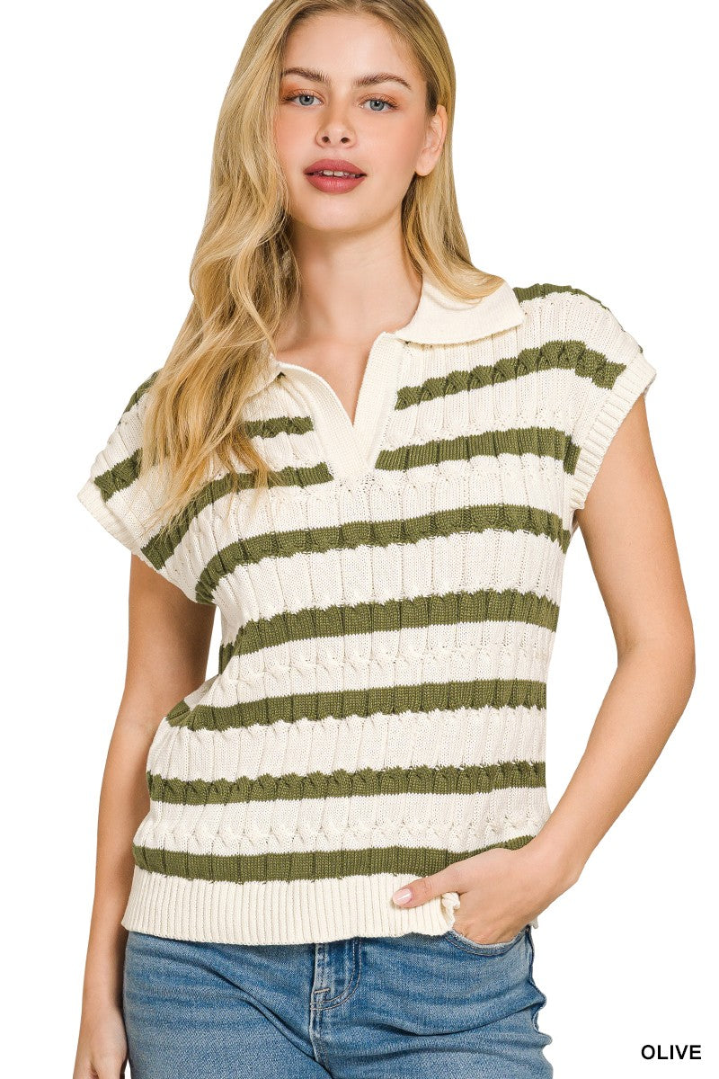 Zenana Textured Stripe Collared Sweater Vest