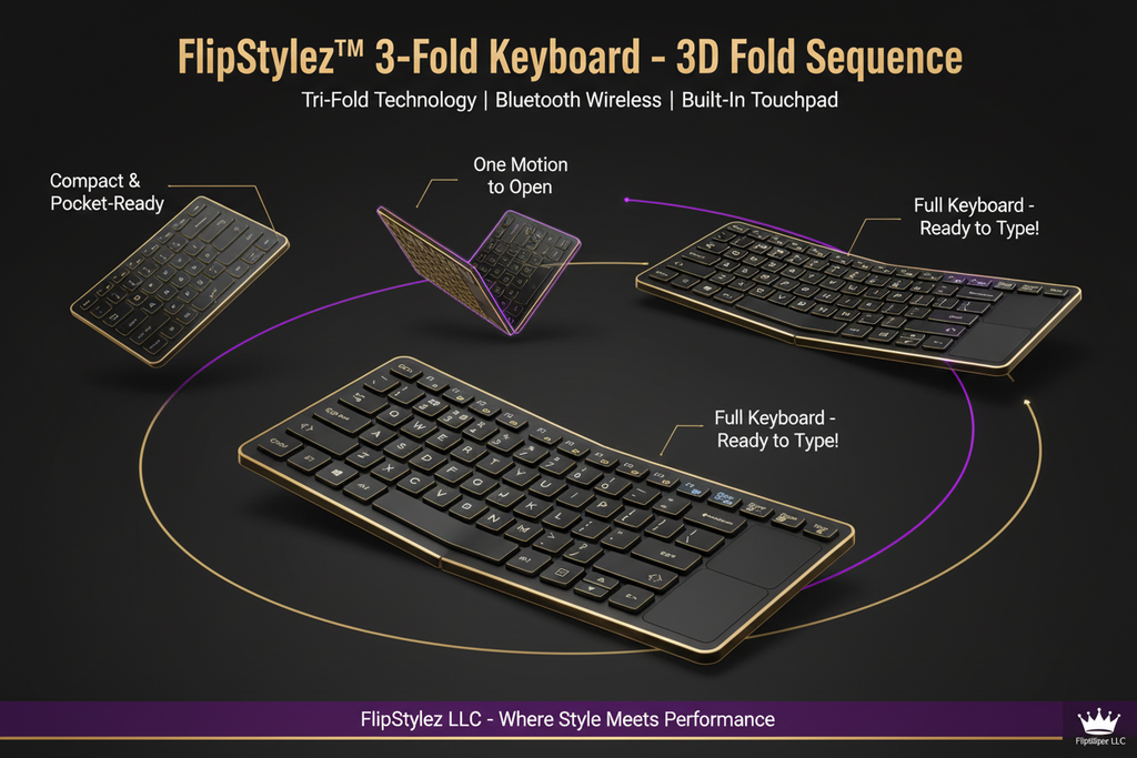 FlipStylez™ 3-Fold Wireless Bluetooth Keyboard with Touchpad – Compact, Rechargeable, Multi-Device, Windows, iOS, Android & Mac | FlipStylez LLC®