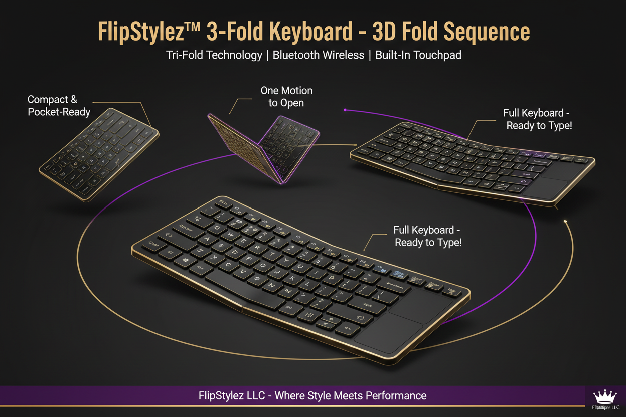 FlipStylez™ 3-Fold Wireless Bluetooth Keyboard with Touchpad – Compact, Rechargeable, Multi-Device, Windows, iOS, Android & Mac | FlipStylez LLC®