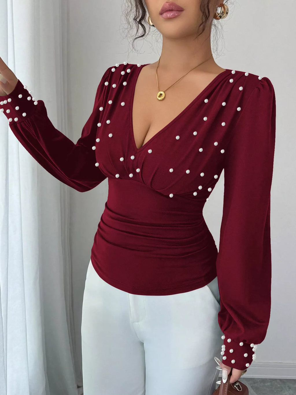 Pearl Embellished V-Neck Blouse