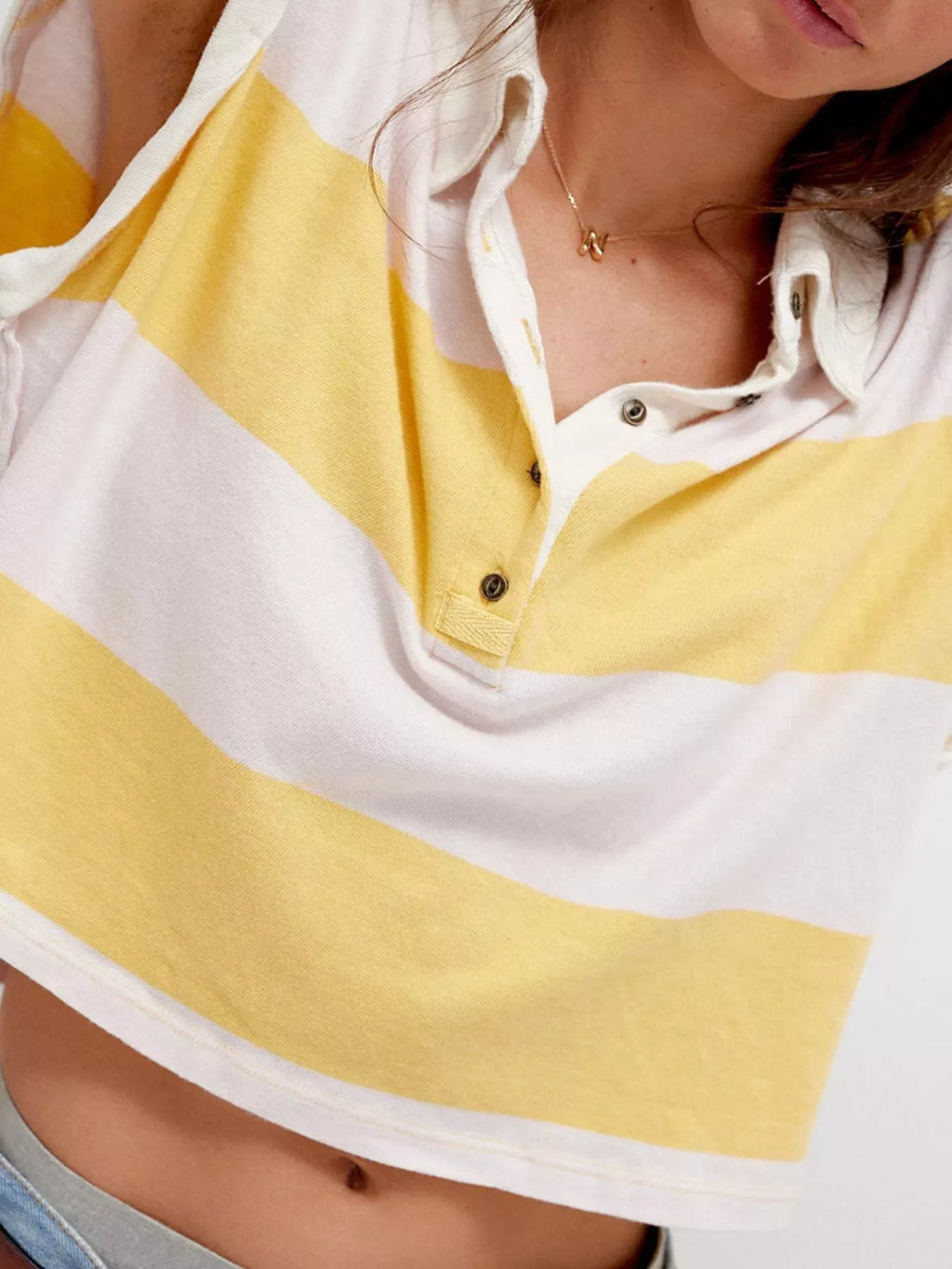 Half Button Striped Short Sleeve Cropped Polo Shirt