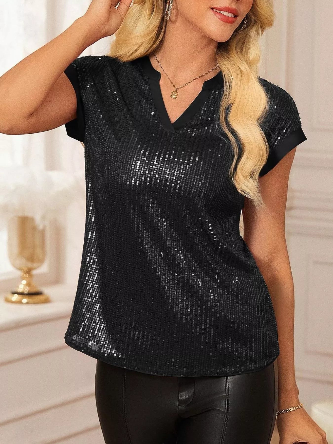 Sequin Notched Cap Sleeve Blouse