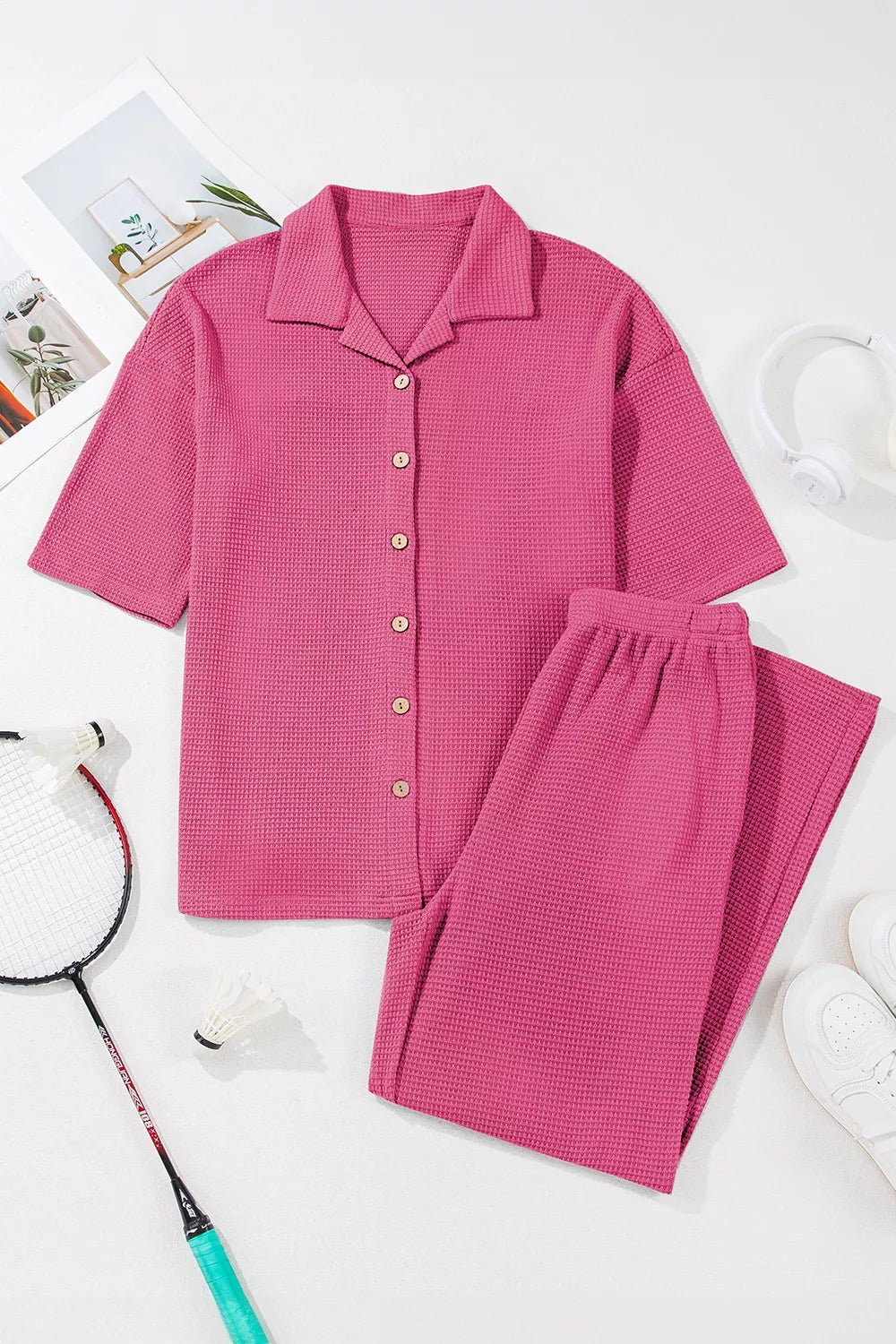 Solid Color Textured Buttoned Shirt and Casual Pants Set