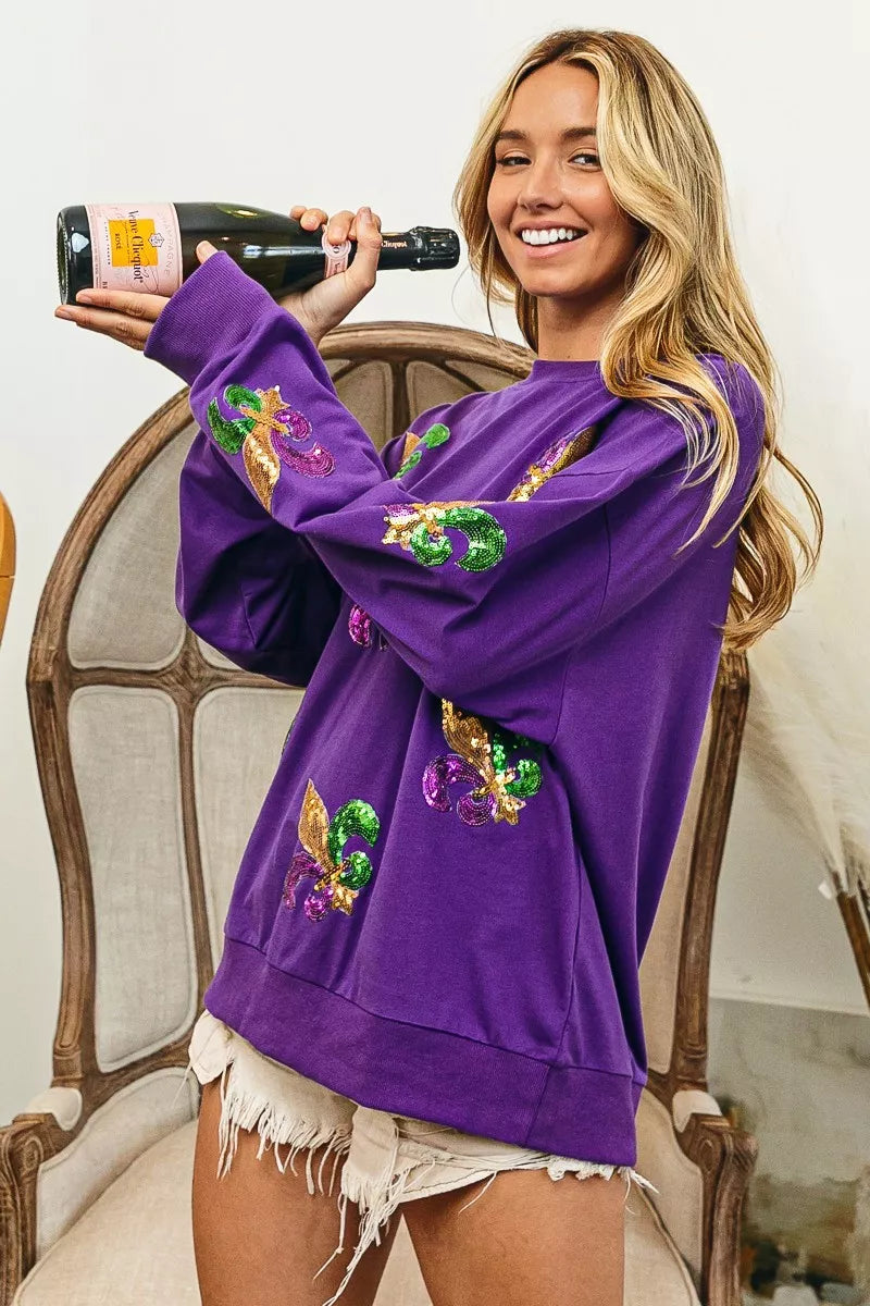 BiBi Fleur De Lis Sequin Patches Mardi Gras Sweatshirt
