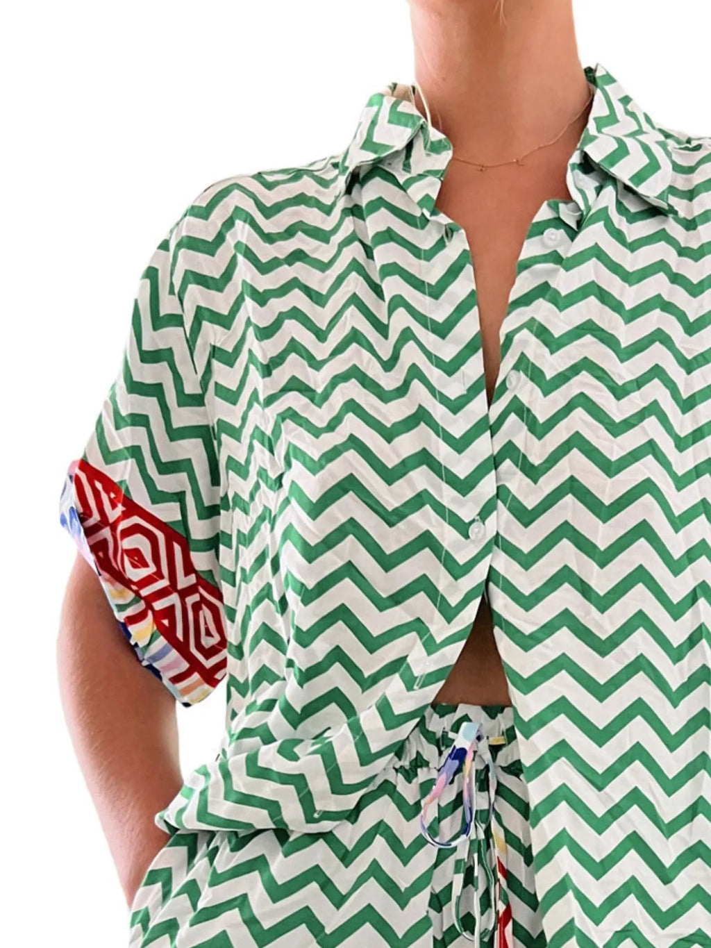Printed Button Up Shirt and Shorts Set