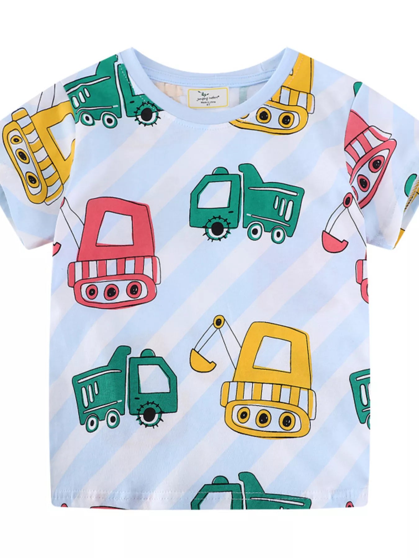 Children's Cartoon Construction Vehicle Print Crew Neck Short Sleeve T-Shirt