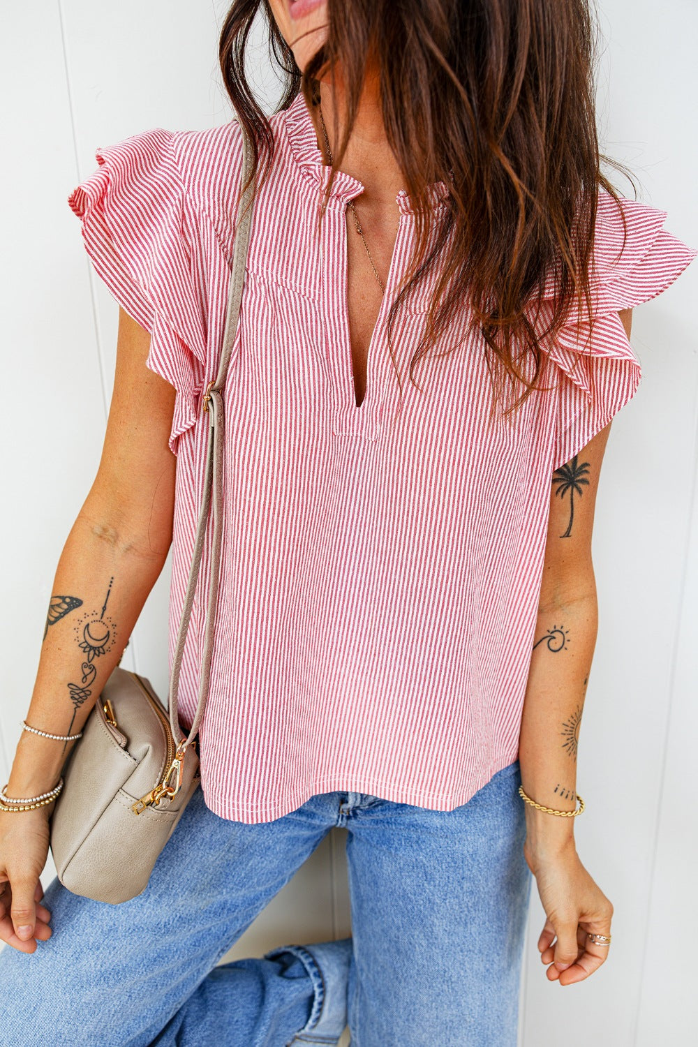 Stripe Frilly Split Neck Double Ruffled Short Sleeve Blouse