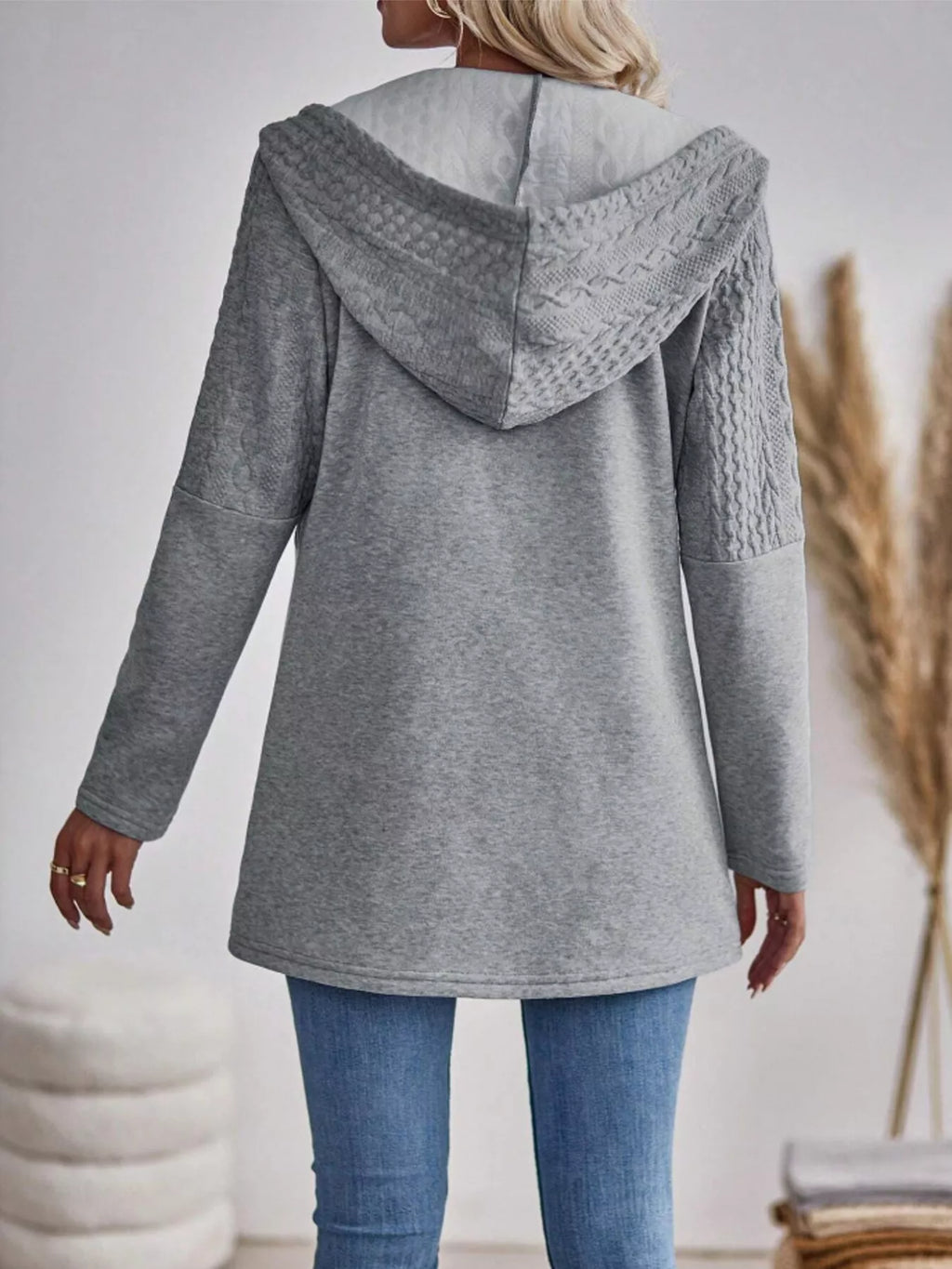Drawstring Textured Zip Up Drawstring Hooded Jacket