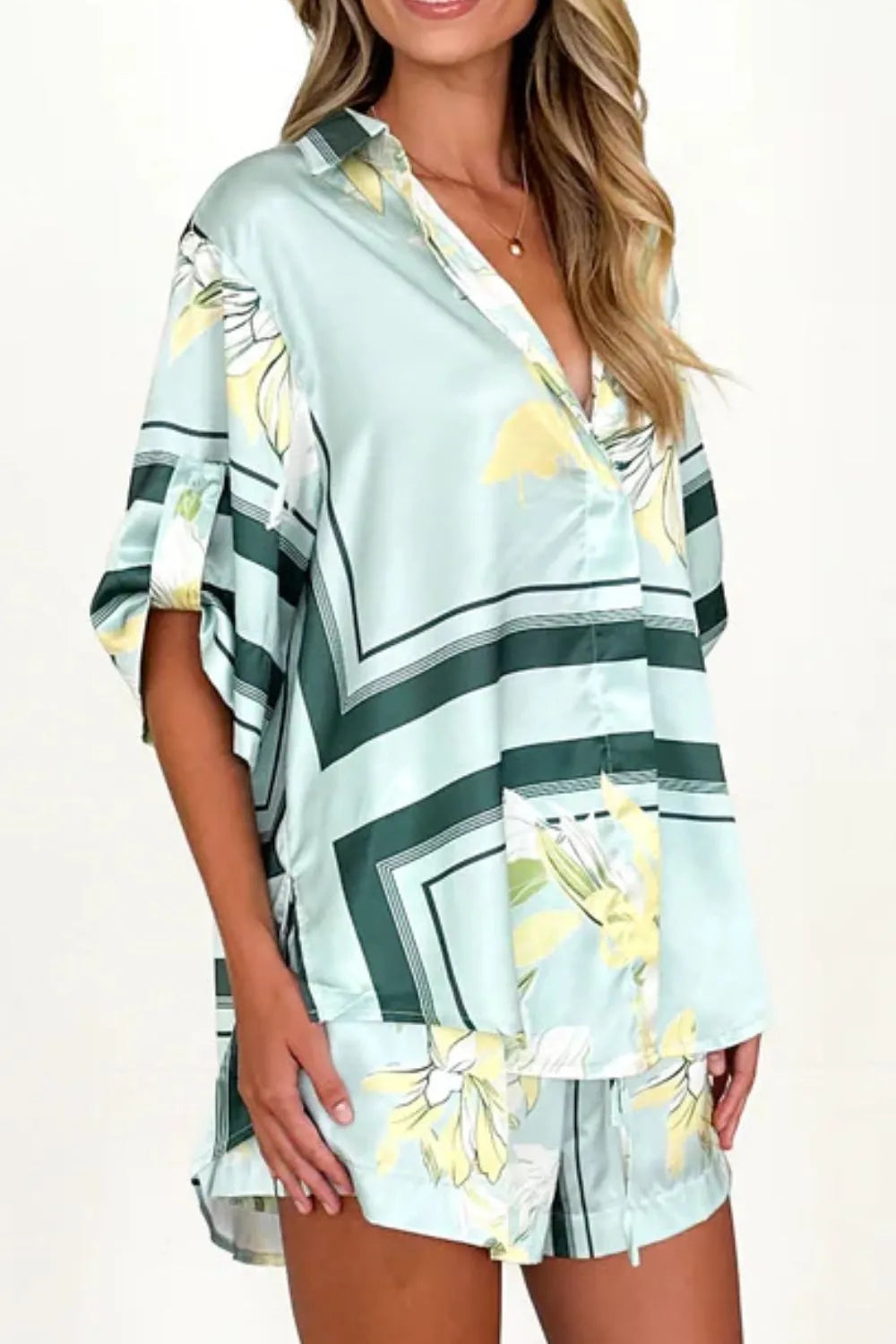 Printed Collared Neck Top and Shorts Set