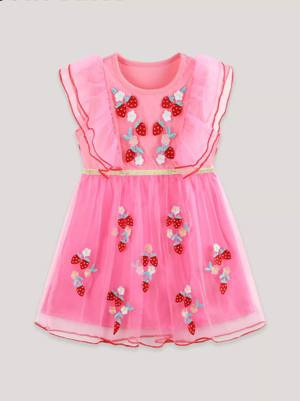Children's Strawberry Embroidered Ruffle Sleeve Tulle Dress