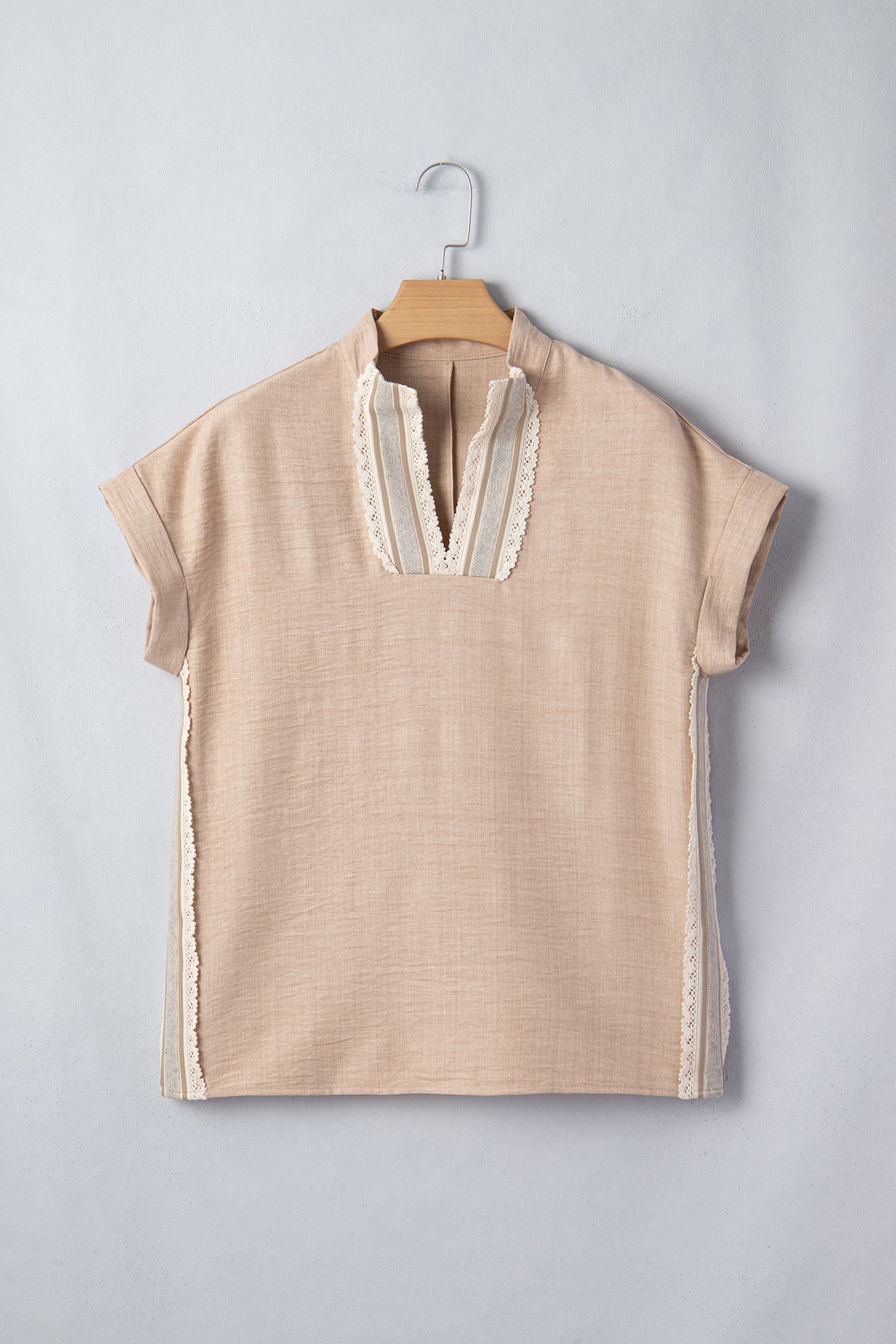 Crochet Lace Trim Rolled Short Sleeve Blouse