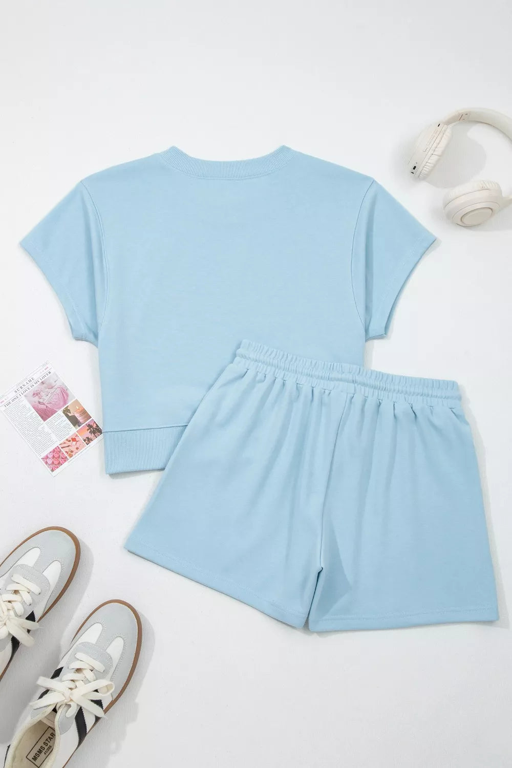 Solid Color Loose Tee Drawstring Shorts 2pcs Outfit Set
