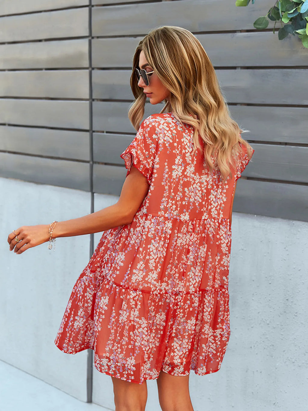 Floral Print V-Neck Ruffle Tiered Summer Mini Dress