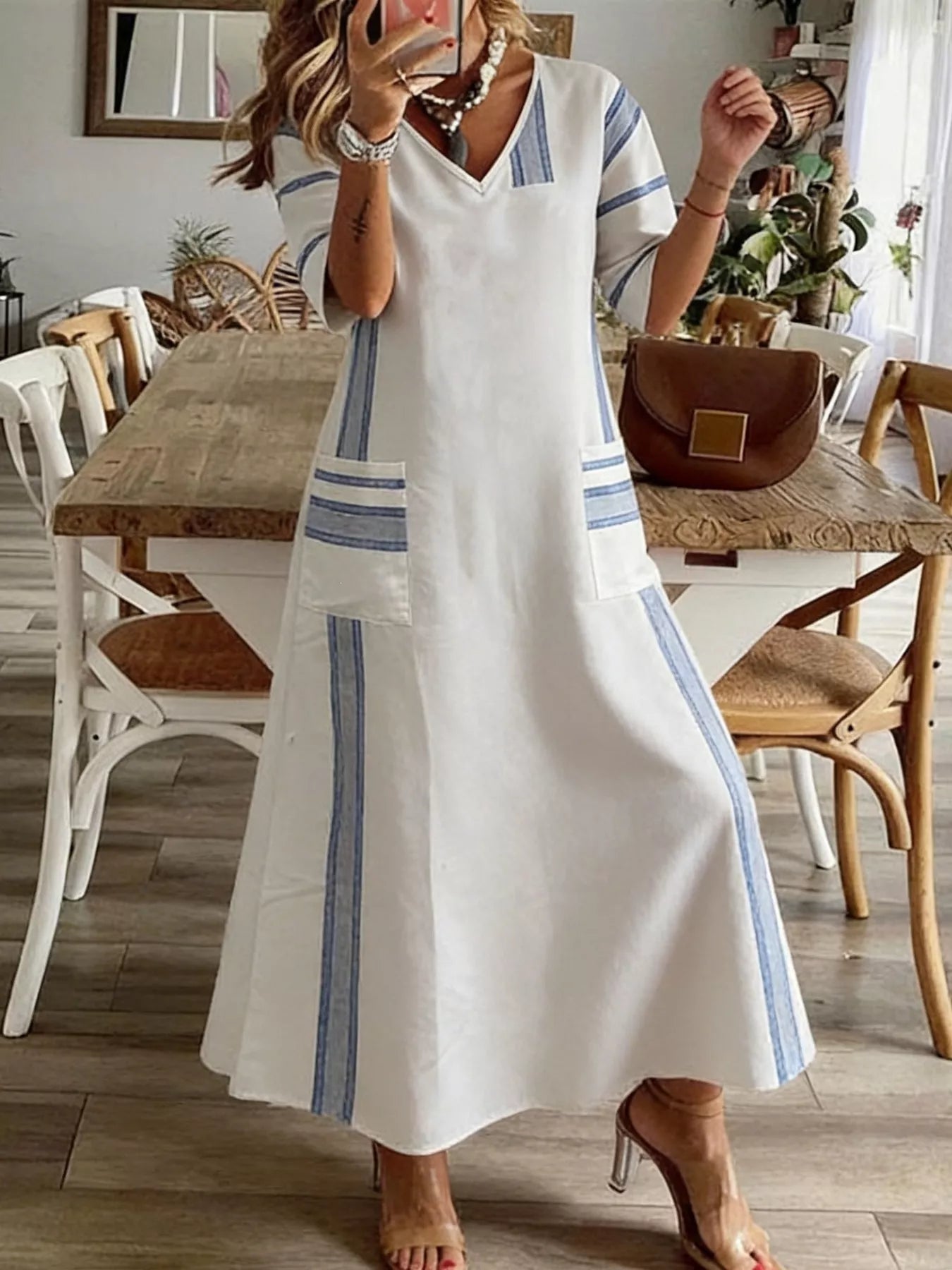 Striped V-Neck Maxi Dress