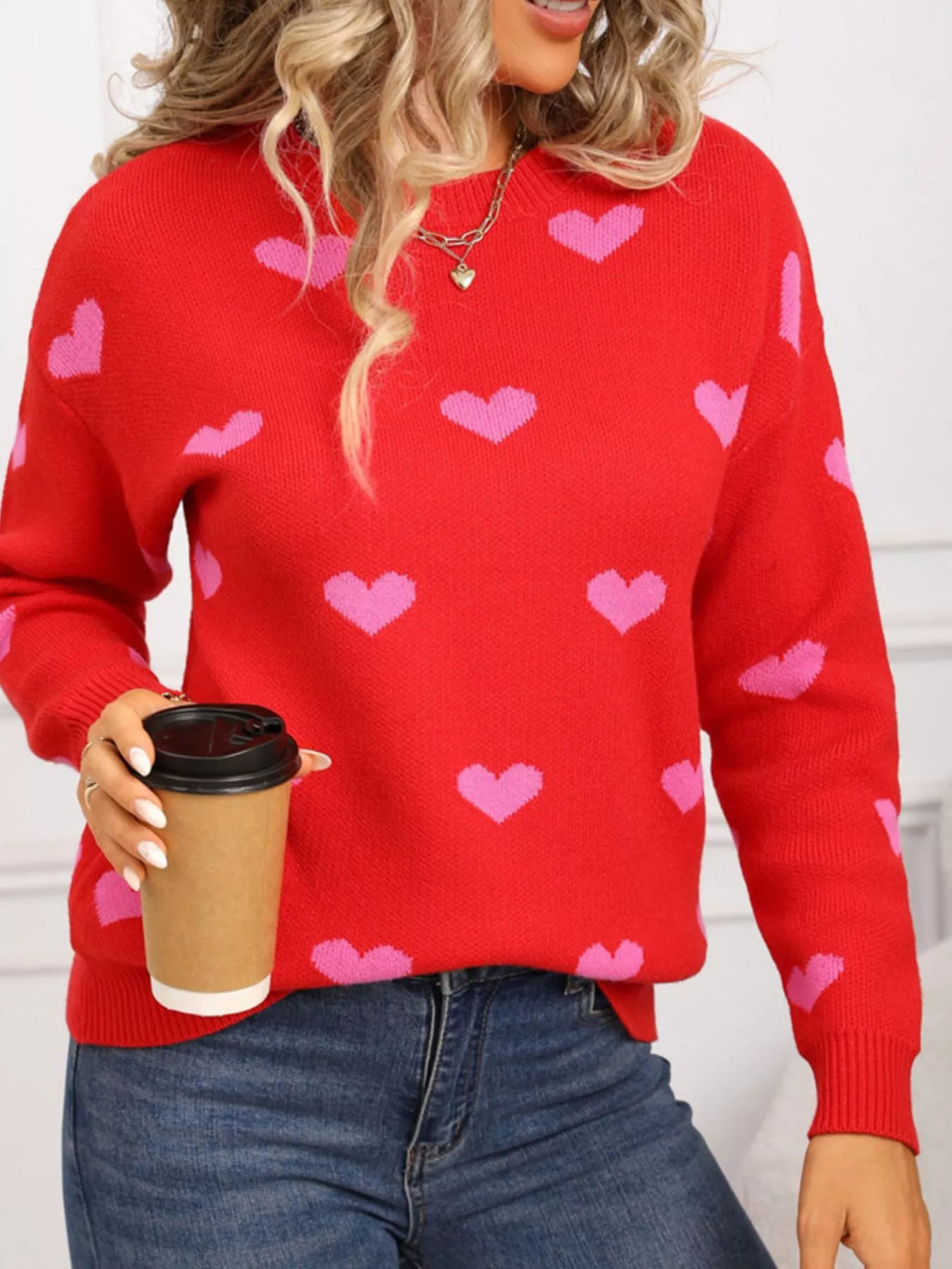 Valentine's Day Heart Pattern Dropped Shoulder Sweater