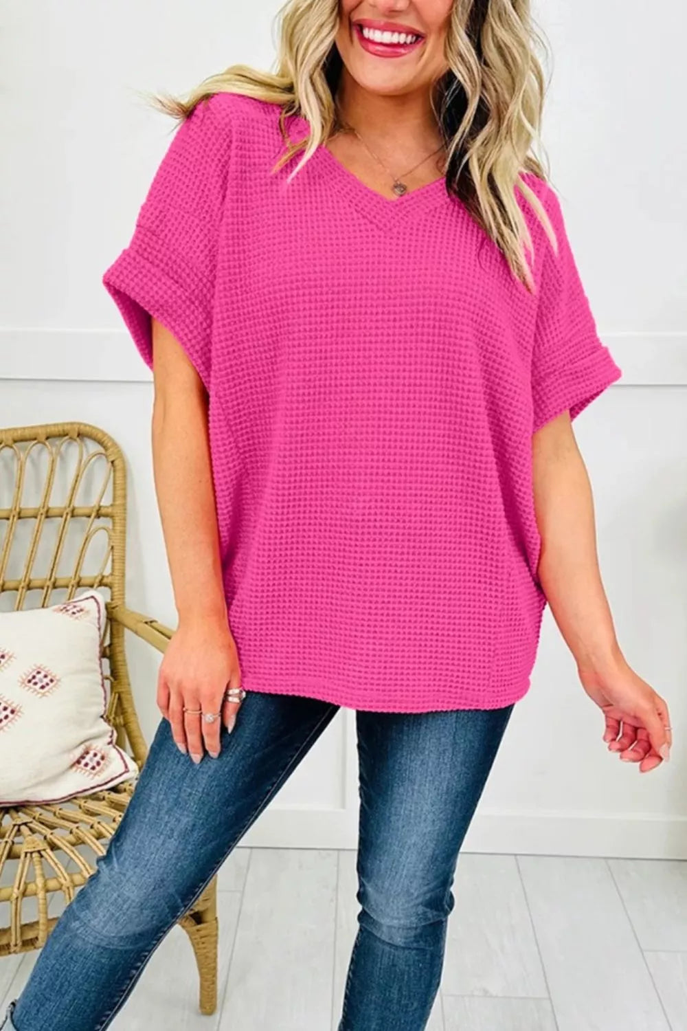 Textured Waffle Knit V-Neck T-Shirt