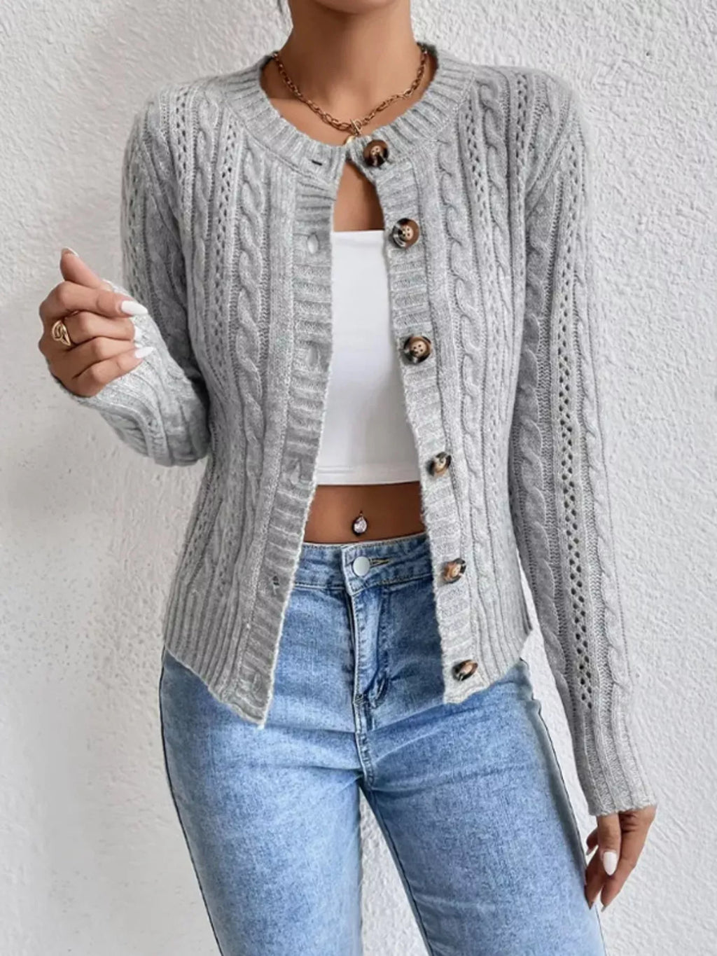 Cable Knit Button-Up Cardigan