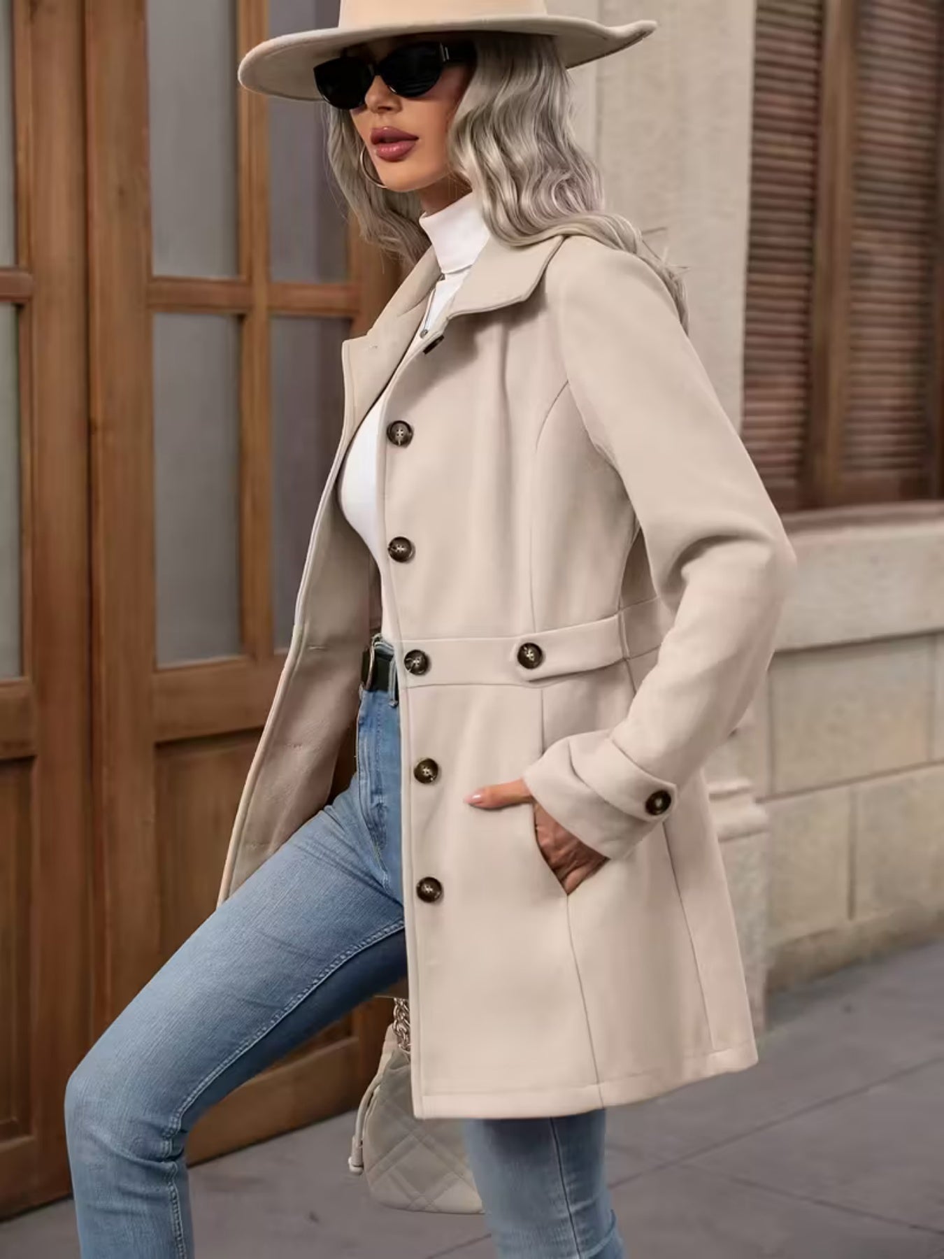 Women’s Elegant Woolen Coat – Medium-Length Lapel Slim Fit Winter Coat