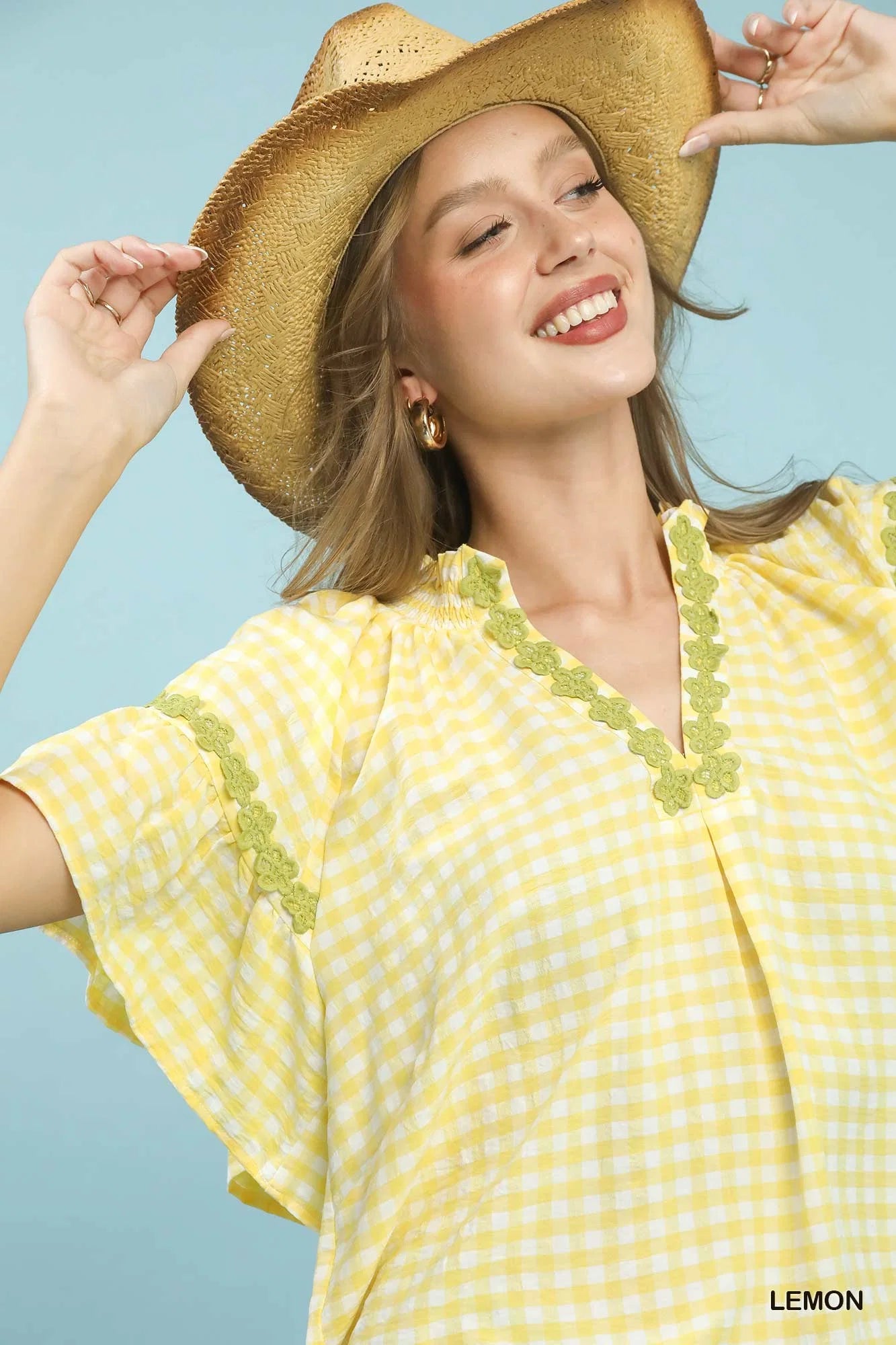 Umgee Gingham Lace Trim Top
