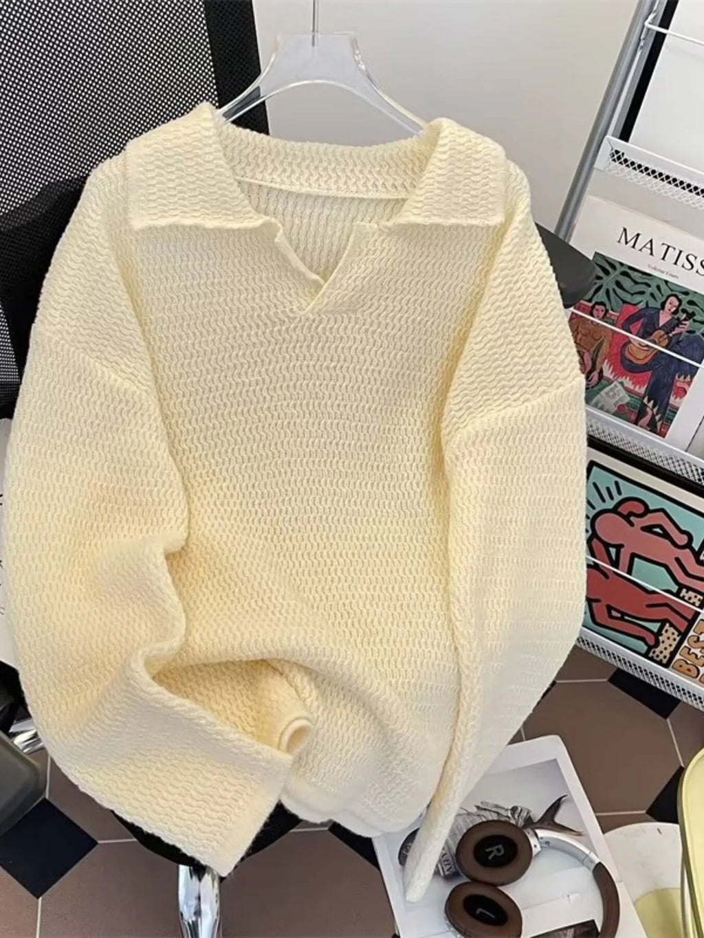 Men's Textured Knit Polo Collar Sweater