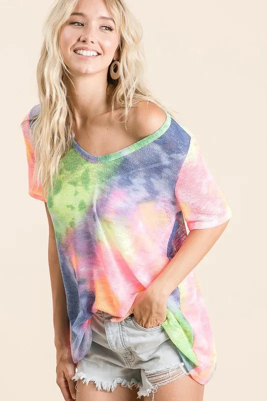 BiBi Tie Dye Print Low Gauge Deep U Neck Top