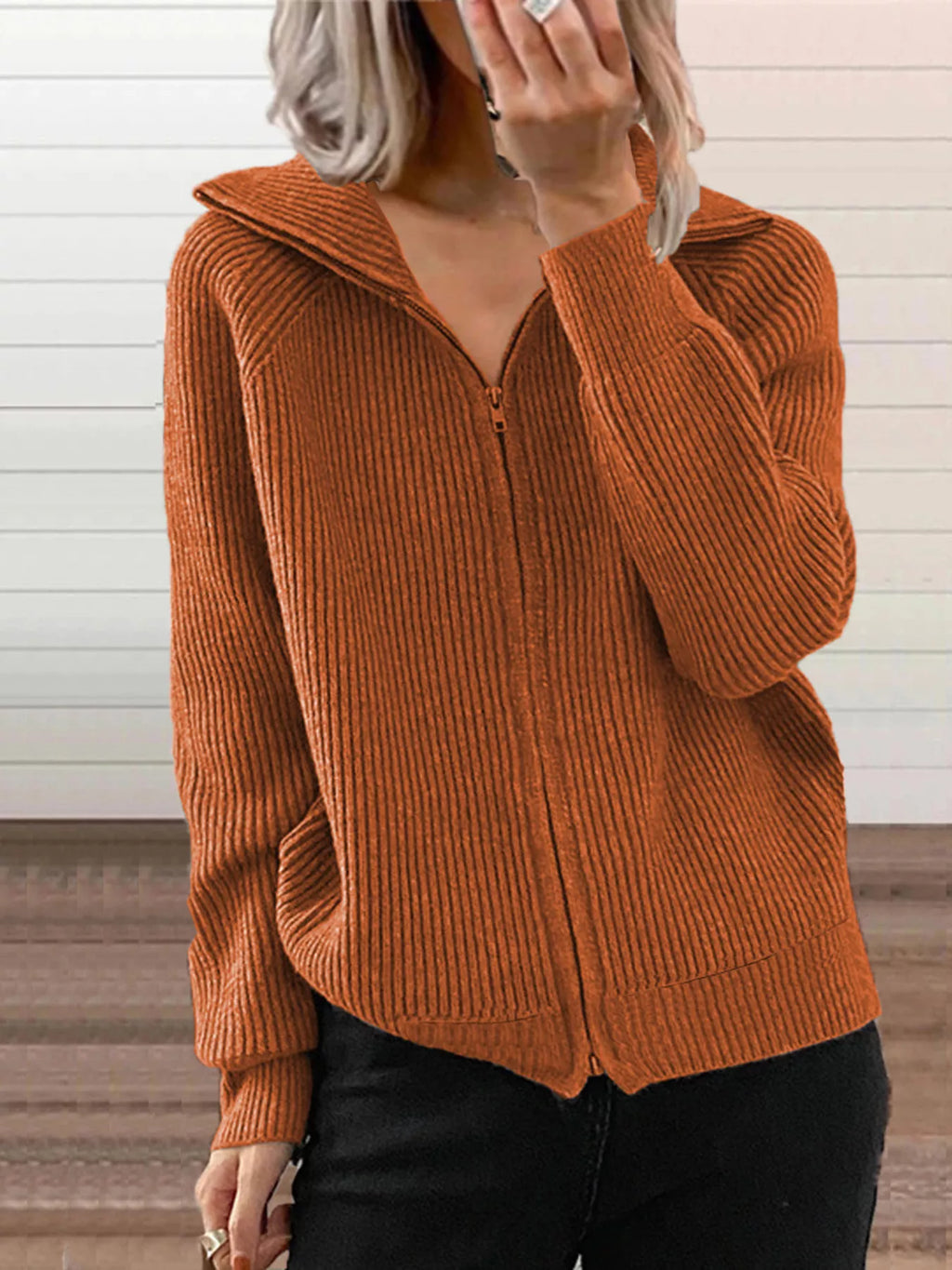 Full Size Ribbed Knit Zip-Up Outerwear Plus Size