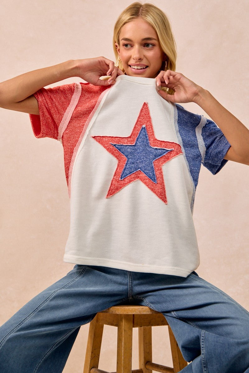 BiBi Contrast French Terry Cut Edge Detail Fourth Of July Theme T-Shirt