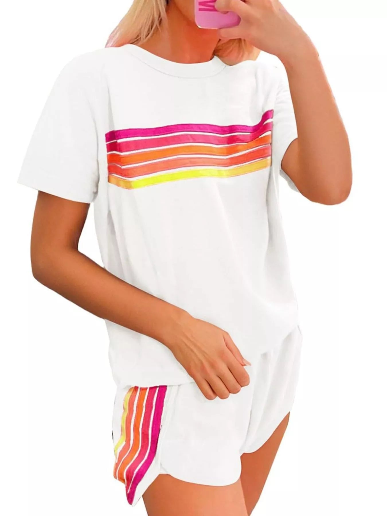 Rainbow Striped Round Neck Top and Shorts Set