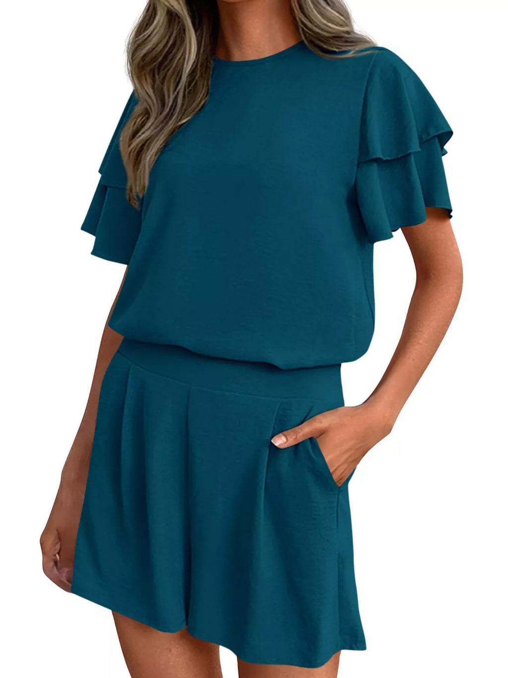 Ruffle Sleeve Top and Shorts Two-Piece Set