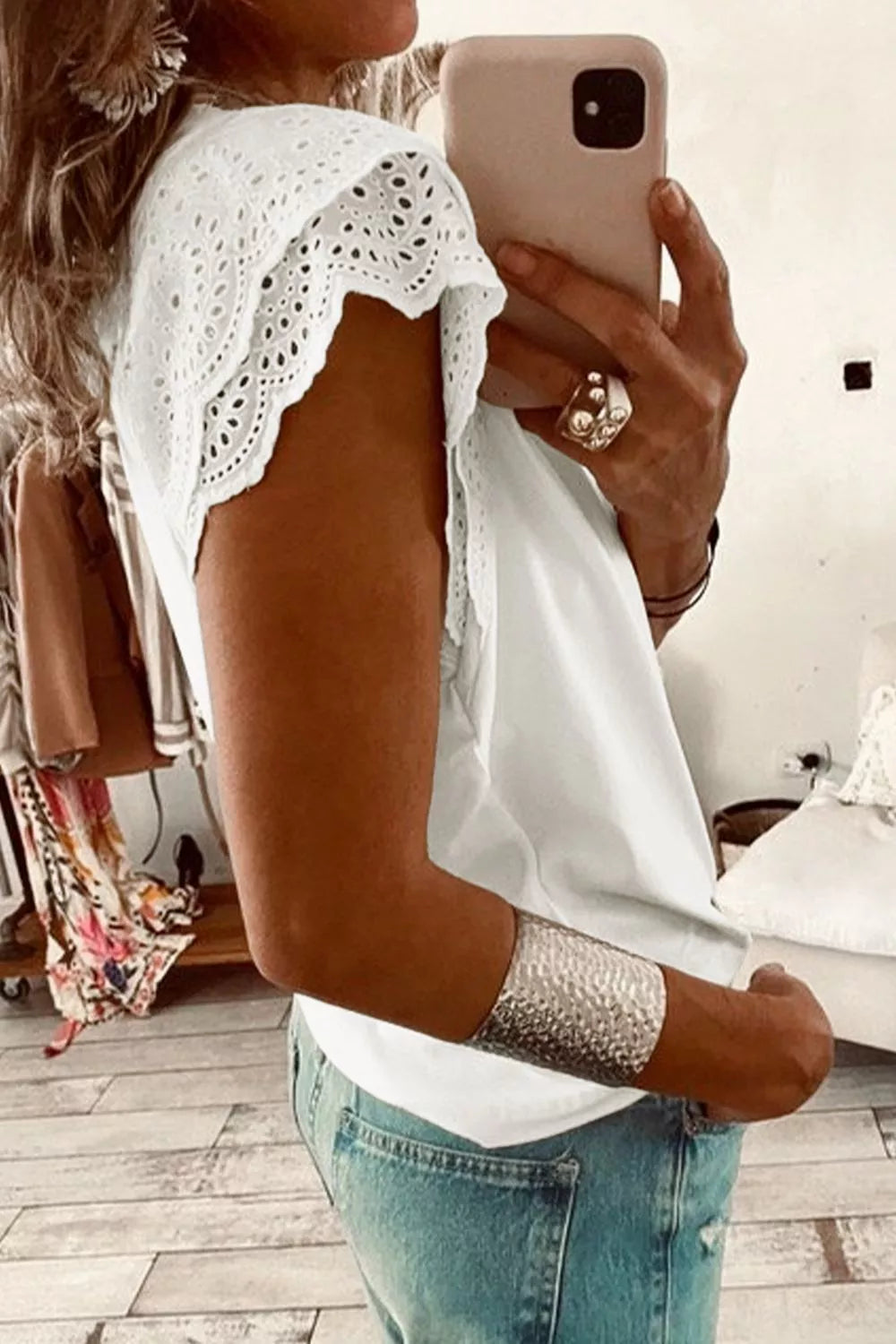 Eyelet Embroidered Flutter Sleeve Patchwork V Neck Tee