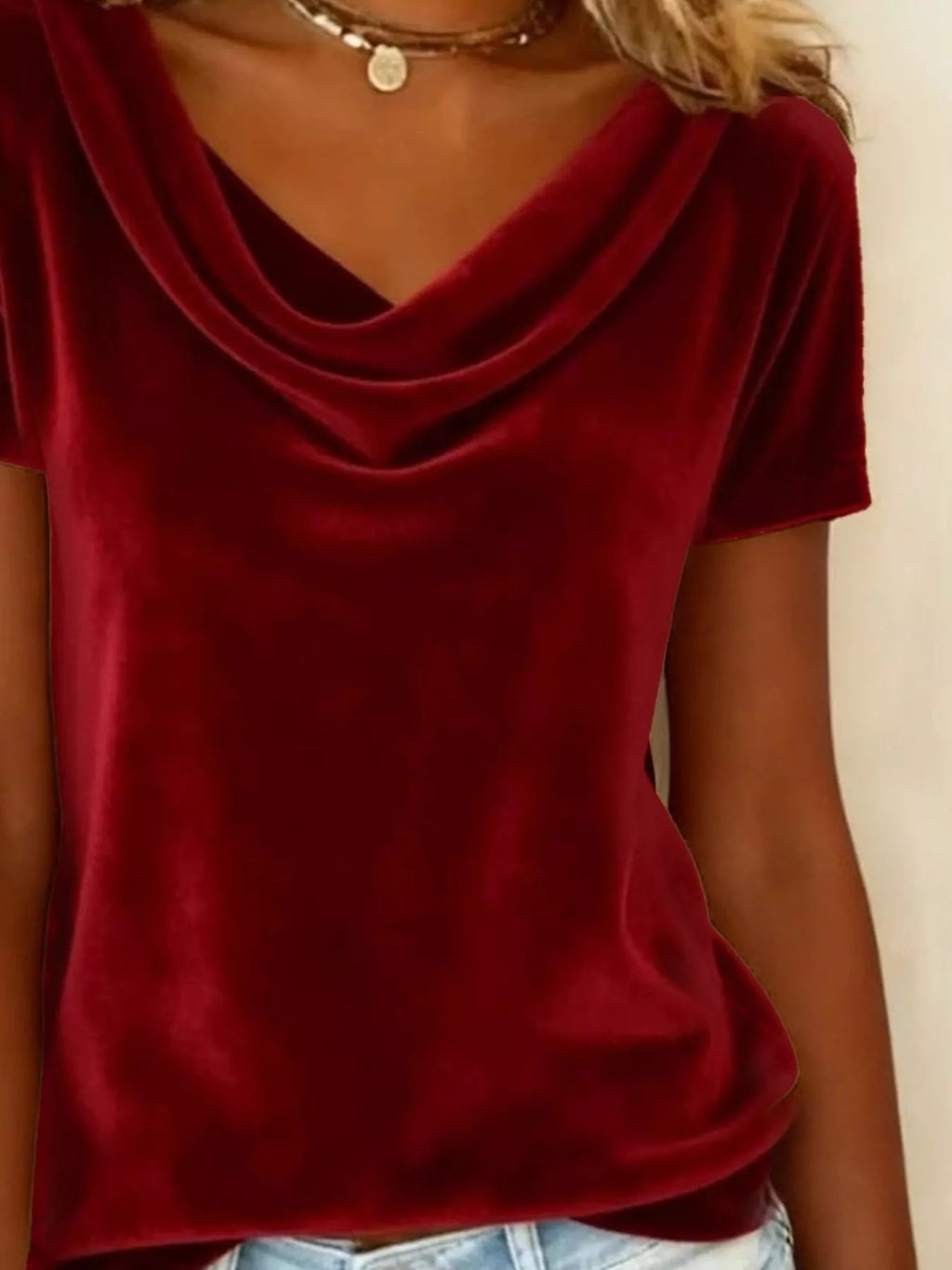 Velvet Cowl Neck Short Sleeve Top